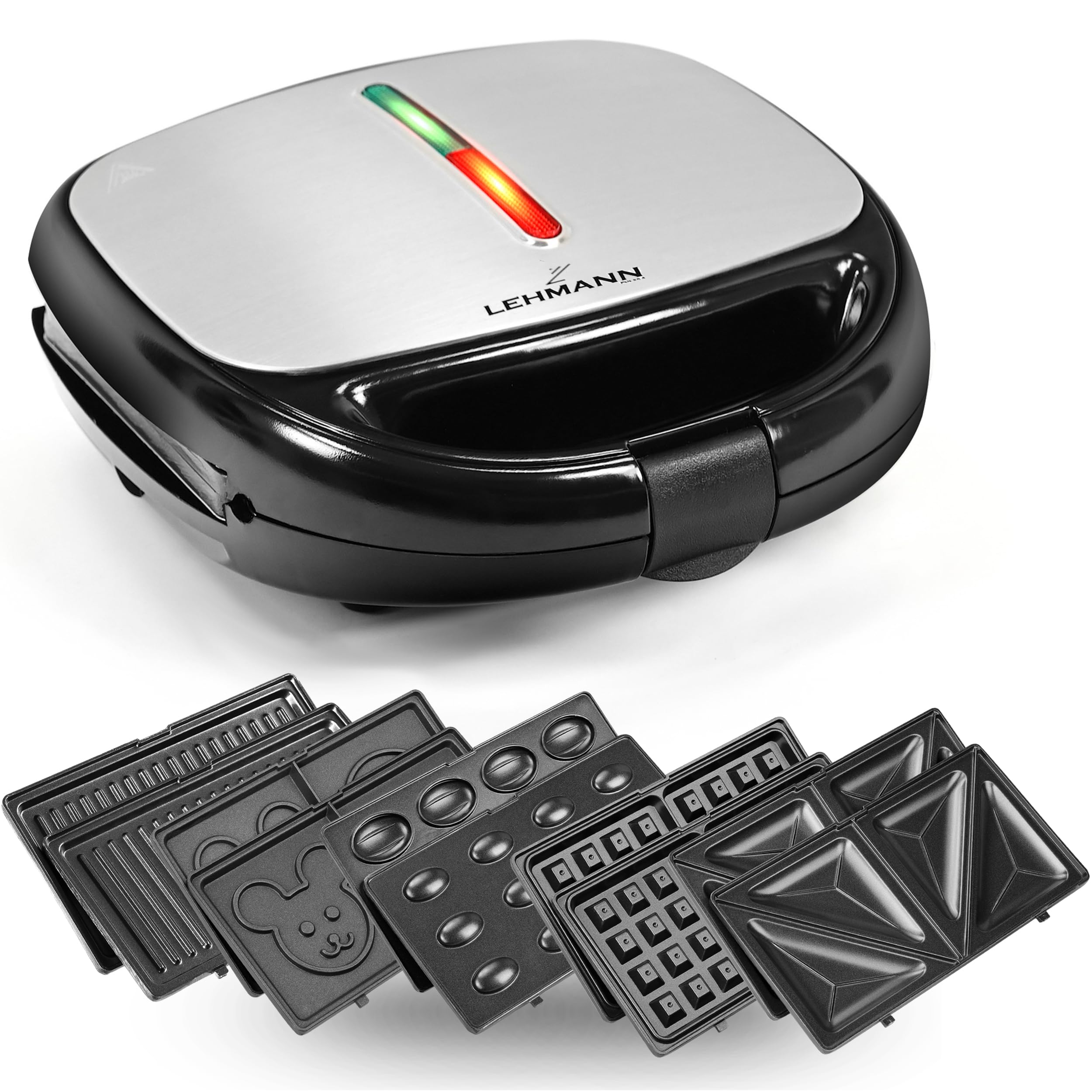 Lehmann Sandwichmaker 5 en 1 avec différentes formes | Gaufrier, grill contact, panini, sandwich, gâteaux sucrés | Comprend 5 ensembles de plaques antiadhésives | 800 W