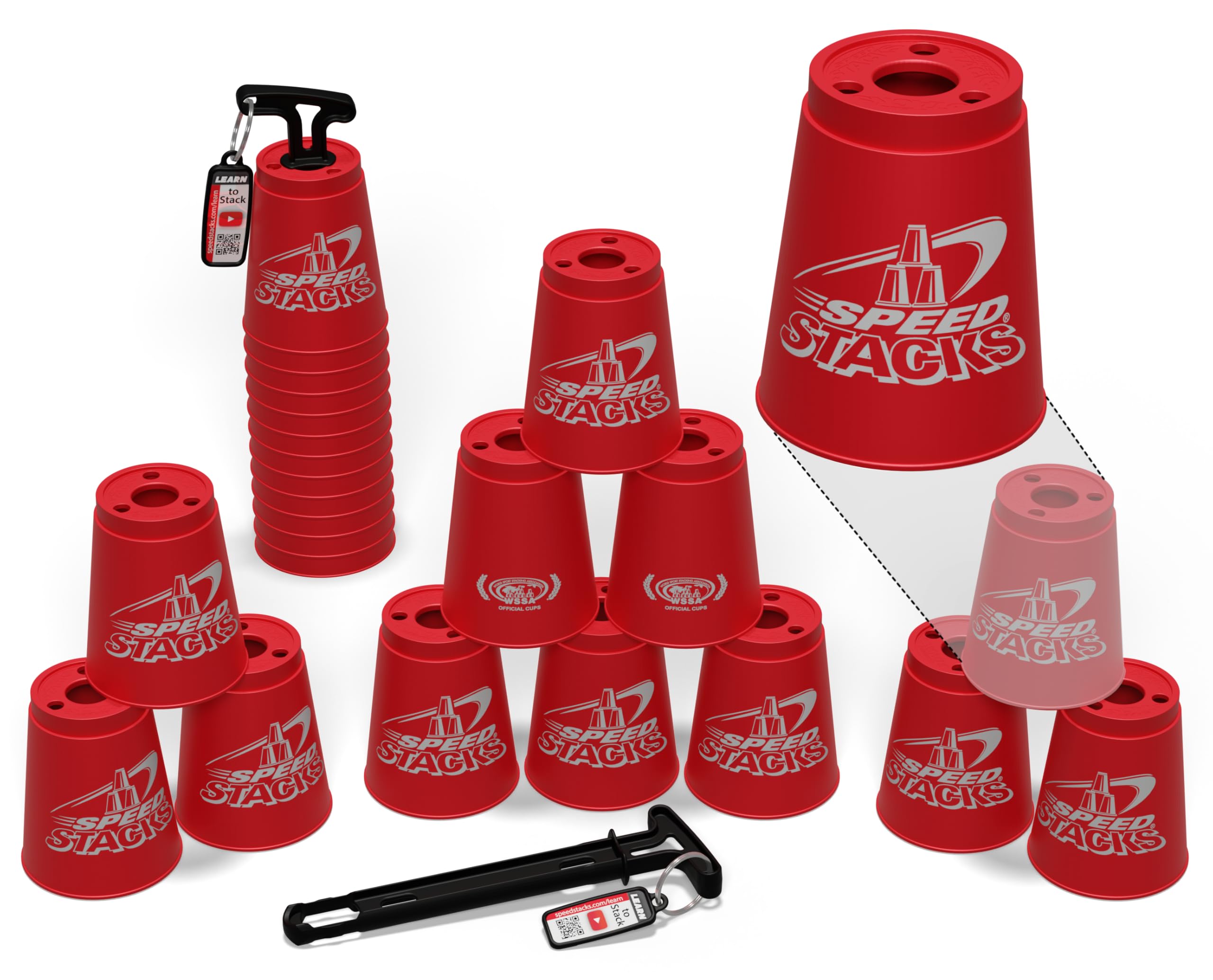 Official Sport Stacking Set, Red - 12 Cups and Holding stem | Top Grade Materials, Low Friction | WSSA Approved