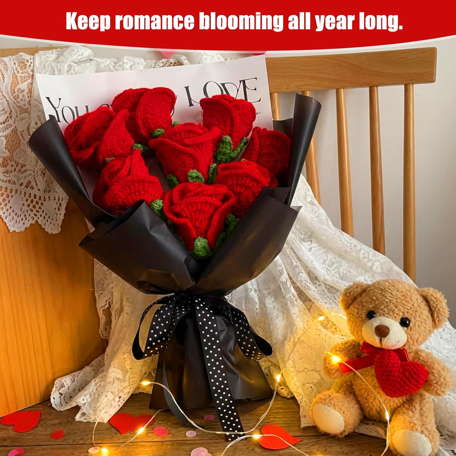 Red Crochet Rose Bouquet Gift Set, Handmade Knitted Eternal Roses with Bag and Card, Galentine's Day & Valentine's Day Gift for Her, Anniversary Birthday Wedding(8 Pcs) - Image 2