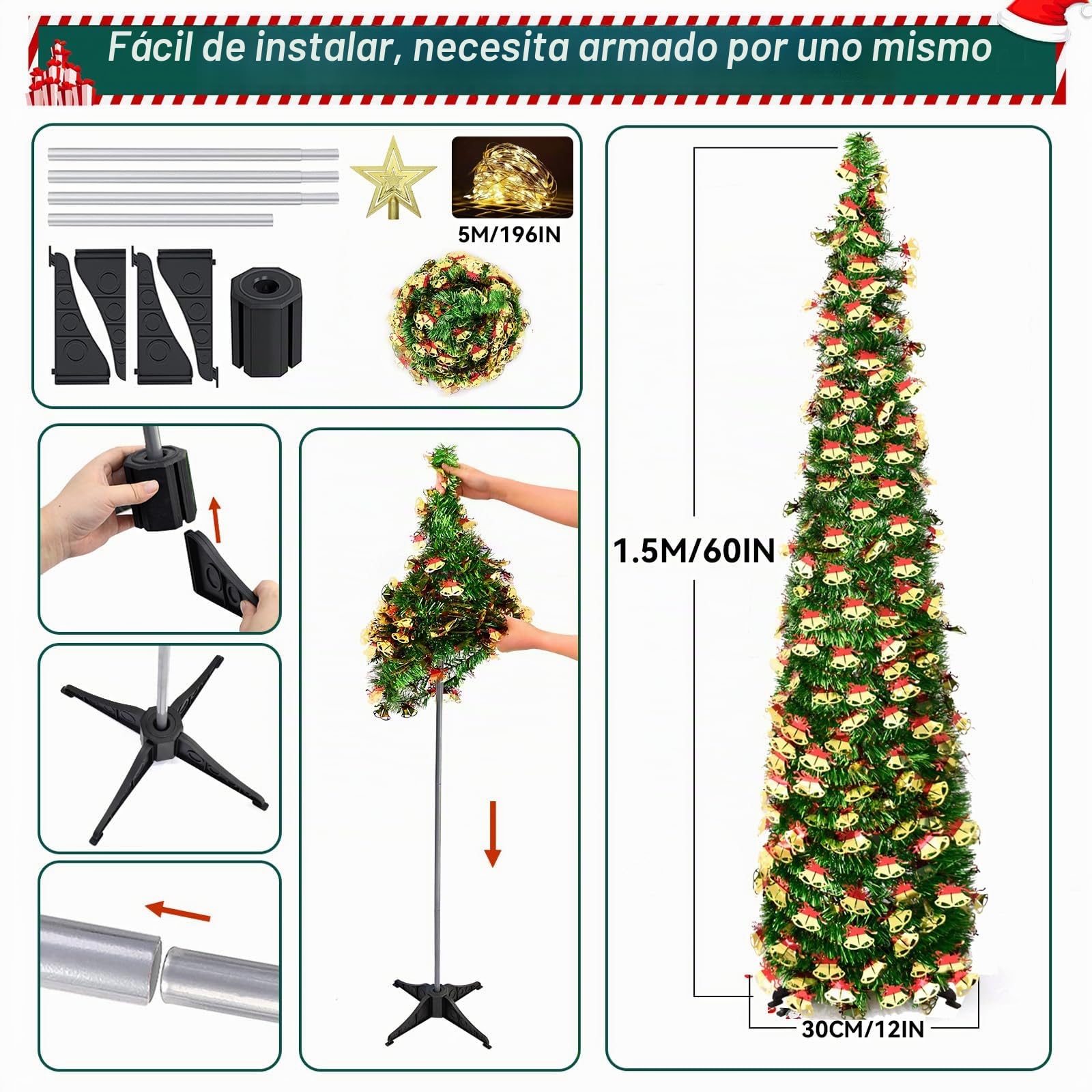 150cm arbol de Navidad Plegable,con strella Superior y 5 m de Luces de Hadas,Montaje rápido, Plegable, Decoraciones navideñas para casa, Chimenea, Oficina, Tienda, Hotel,Lentejuelas de Campana