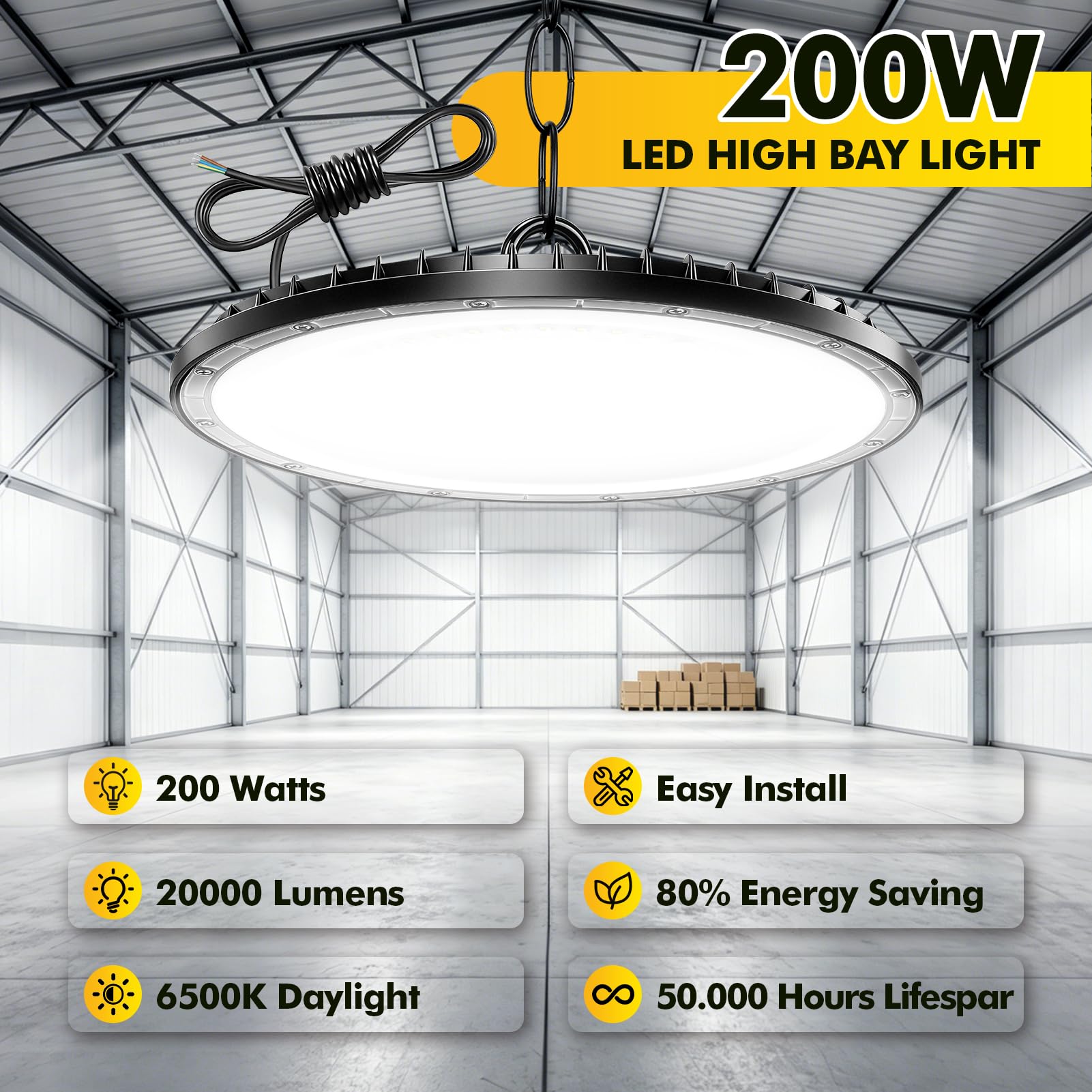 Sararoom 10Pack UFO Projecteur LED Industriel, 200W 20000LM Super Brillant High Bay Eclairage Atelier, 6500K Blanc Froid Projecteur LED Exterieur, Étanchéité IP65 Plafonnier LED pour Entrepôt, Usine