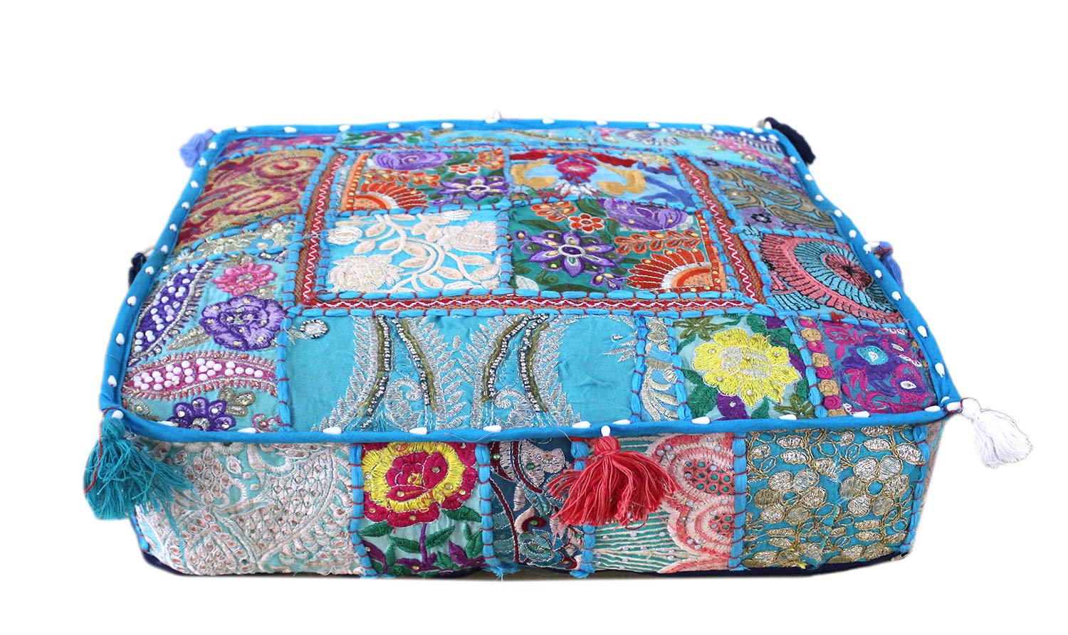 CRAFT KALA Indian Square Patchwork Traditional Pouf Cover Indian Living Room Poufs Decorative Embroidered Designer Ottoman Home Living Footstool Chair Cover Decor Pillow Cover 22x22x5 inches, Sky Blue