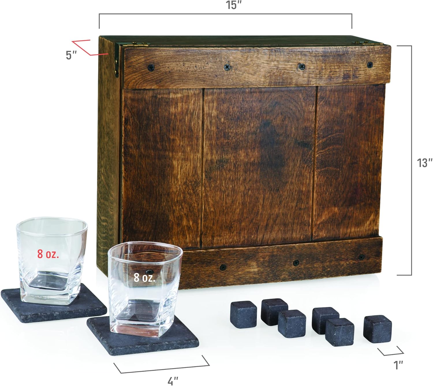 LEGACY - a Picnic Time brand Monogram Initials Whiskey Box Gift Set, Includes Whiskey Glasses, Chillding Stones, and Stone Coasters, (Oak Wood)