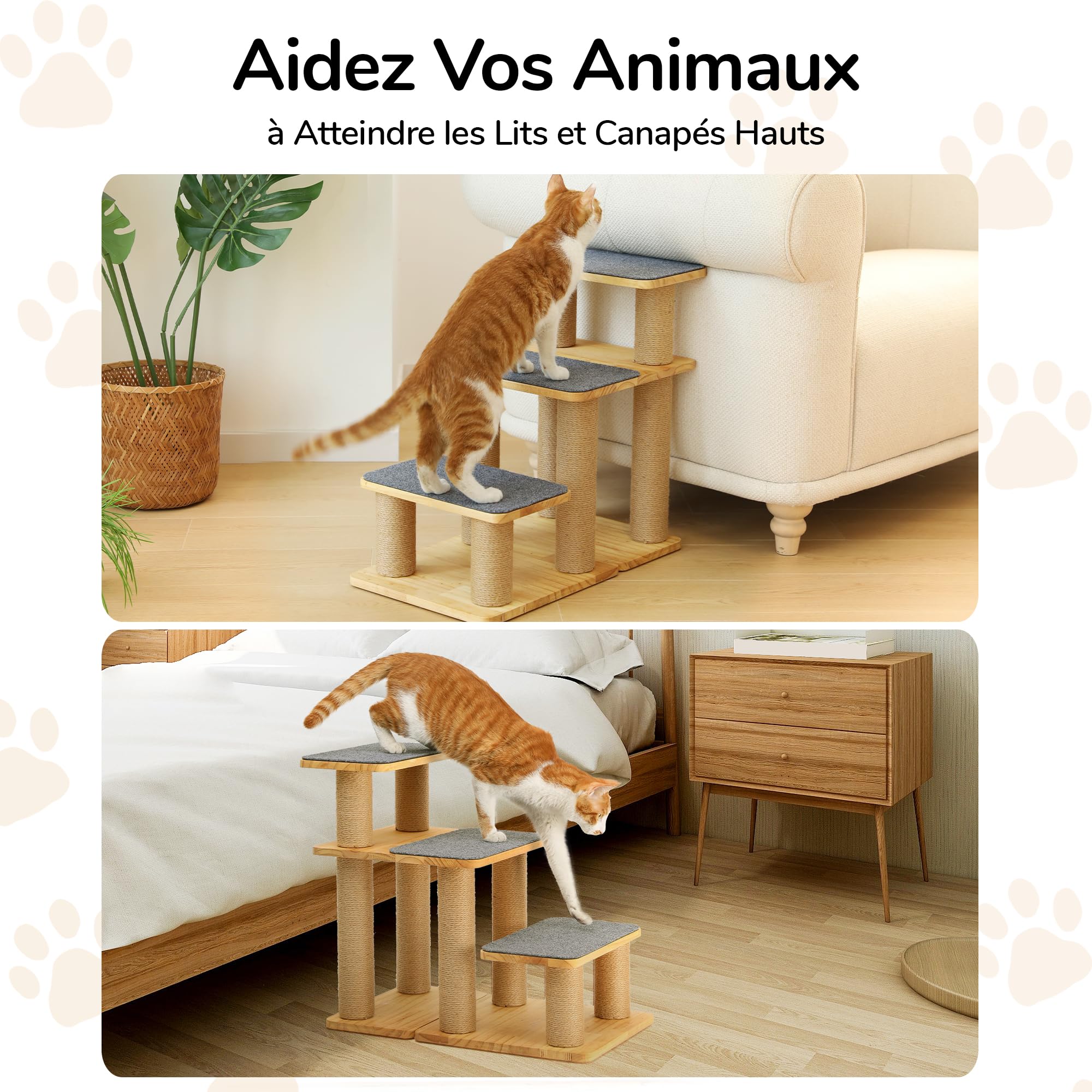 FUKUMARU Escalier pour Chien en Bois Massif avec Poteau à Griffes, Capacité 90 kg, Marches 50 cm, Gris