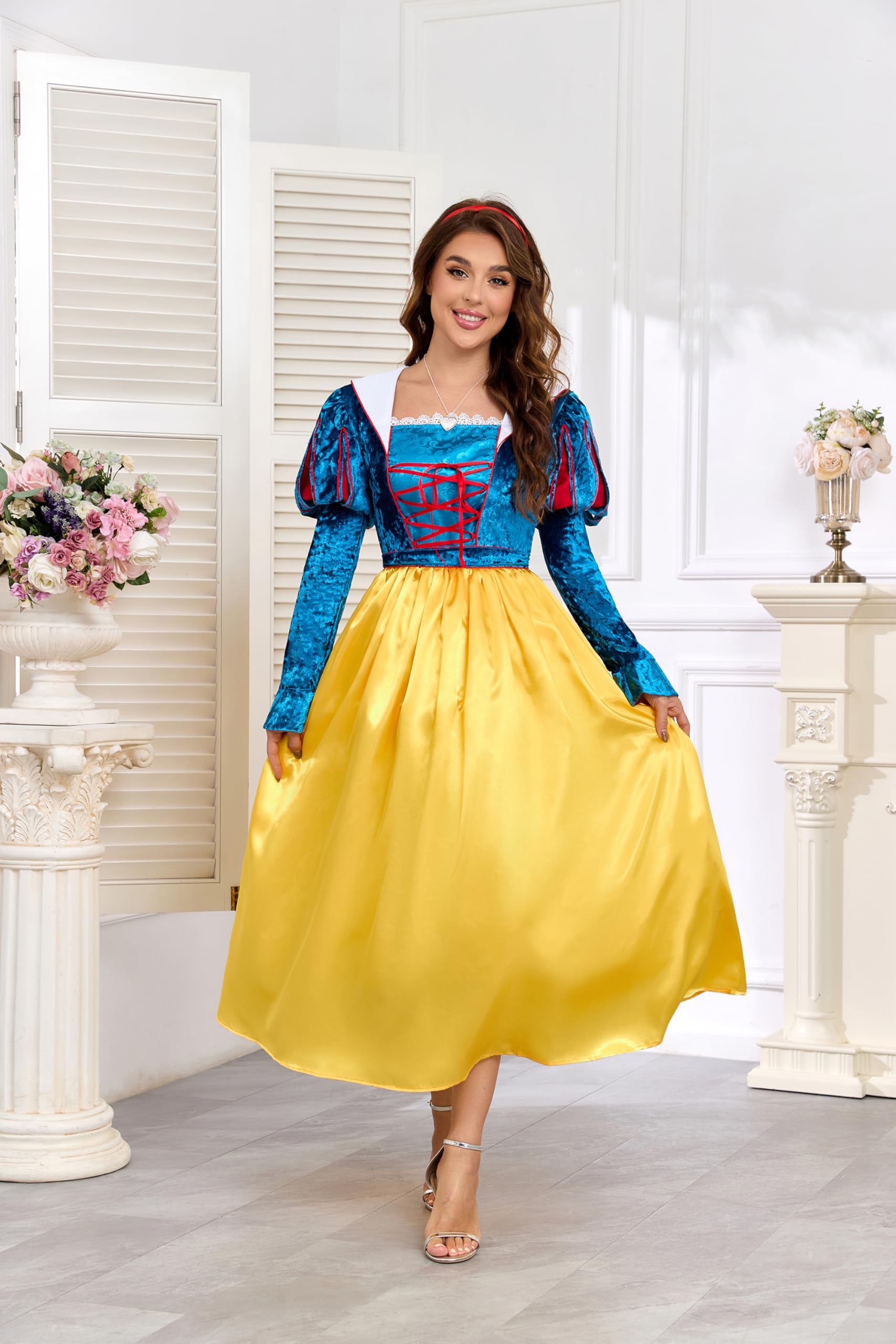 Disfraz de cuento de hadas para mujer, disfraz de Blancanieves con lazo rojo, diadema, capa, Halloween, carnaval, princesa