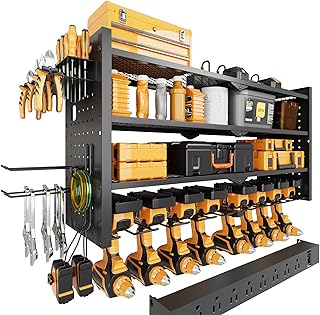 Power Tool Organizer Wall Mount with Charging Station, Heavy-Duty Metal Garage Tool Storage Rack & 8 Outlet Power Strip, 33 Inch Long 4 Tier Shelves for Workshop Organization