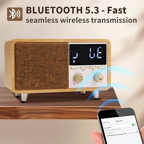 Miniatura 2 de Radio de reloj con altavoz Bluetooth retro con rejilla de tela y acabado de madera, radio FM vintage con alarma doble, pantalla LED regulable para