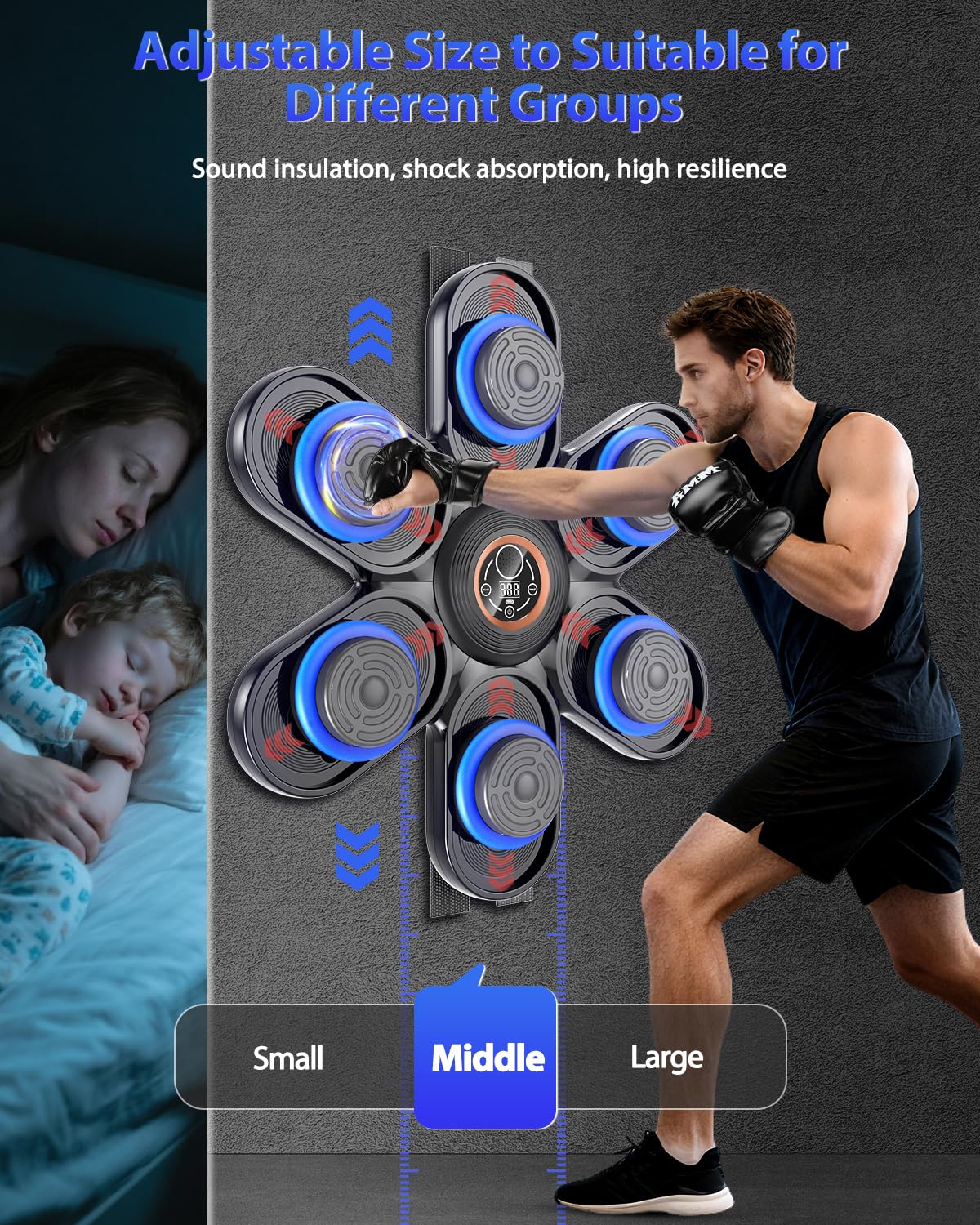 Holilo Máquina de Boxeo Musical, Maquina Boxeo Musical Pared con LED y Bluetooth, 9 Modos de Velocidad y Entrenamiento, Contador de Golpes, Guantes para Adultos y Niños