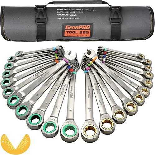 Miniatura 12 de Juego de llaves de trinquete, 23 piezas, juego de llaves combinadas, juego de llaves métricas y estándar y SAE, 6-18mm y 1/4 a 3/4 pulgadas con