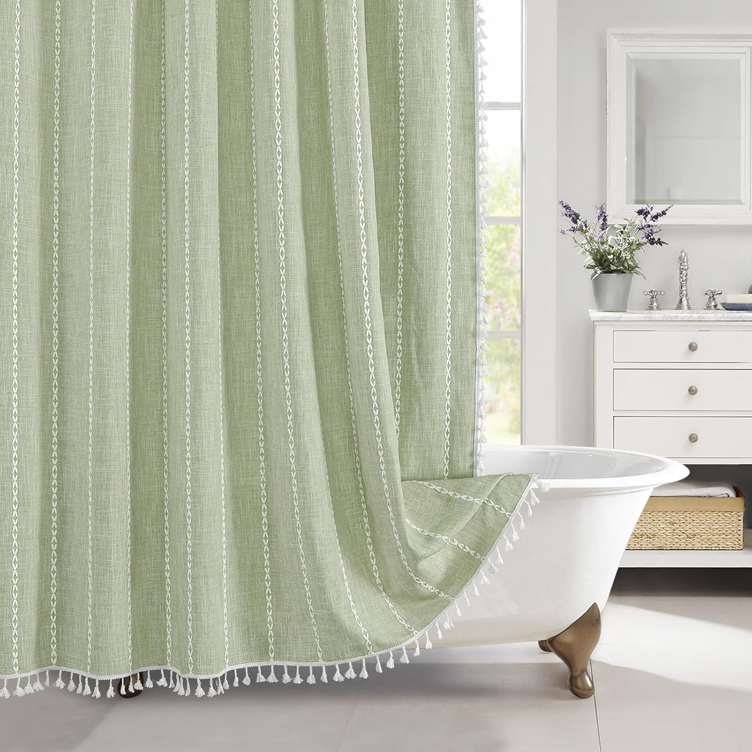 MitoVilla Sage Green Shower Curtain 72 x 78, Boho Farmhouse 78 inch Long Cotton Linen Tassel Ultra Thick Heavy Duty Fabric Shower Curtains for Chic Cottagecore French Rustic Bathroom Decor