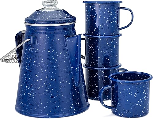 COLETTI Juego clásico de esmalte para café y tazas La cafetera de camping más nostálgica, ahora modernizada esmalte azul, cafetera percoladora de