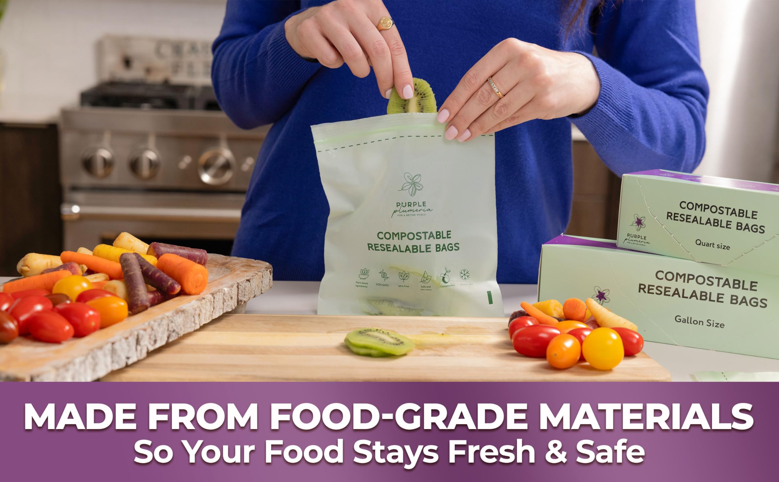 Bolsa con cremallera 100% compostable, a base biológica resellable, ecológica, segura para congelador, bolsas extra fuertes, bolsas de almacenamiento de alimentos, bolsas reutilizables a base de