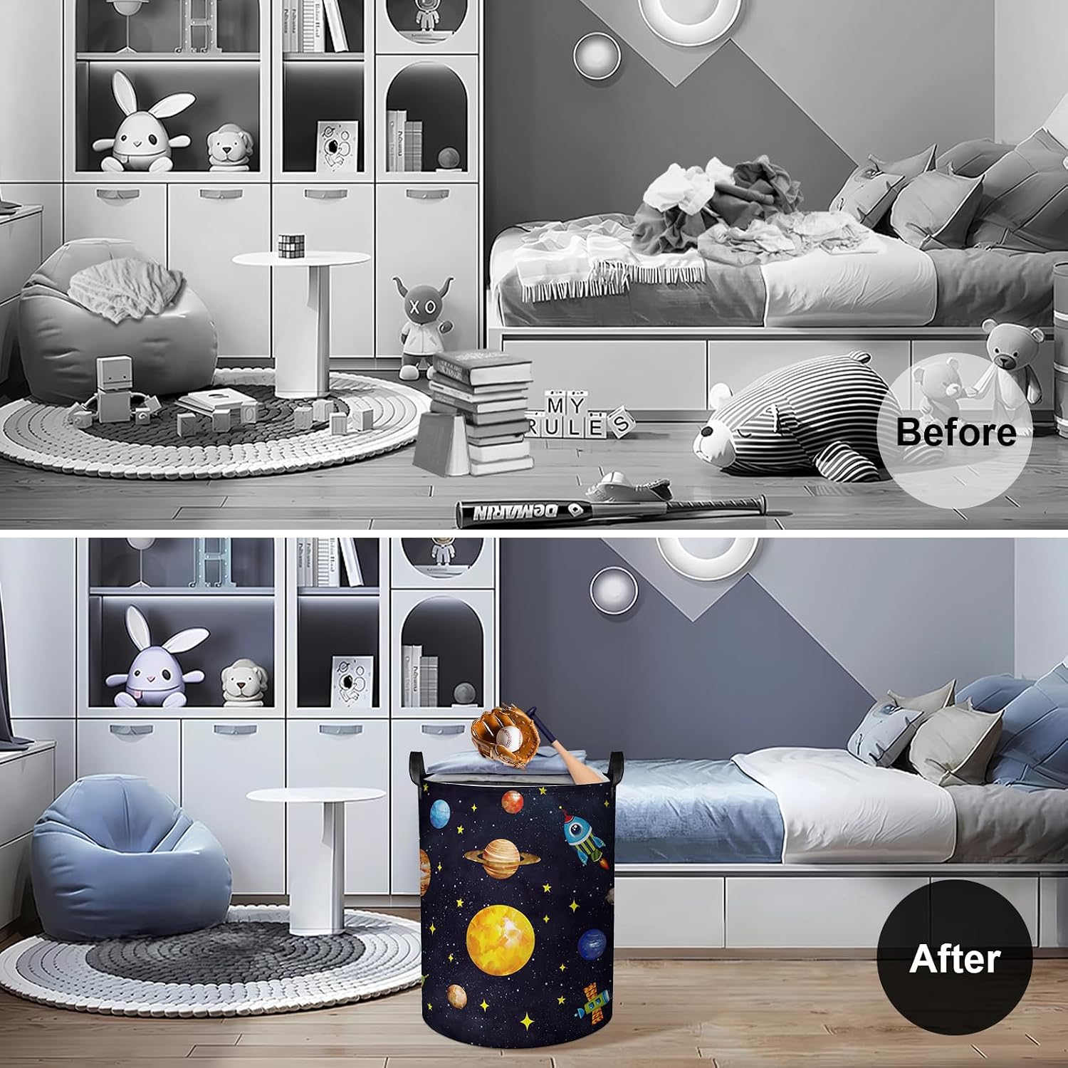 Clastyle 45L Boy Planets Nursery Hamper Outer Space Collapsible Laundry Basket Kid Room Rocket Toy Storage Basket