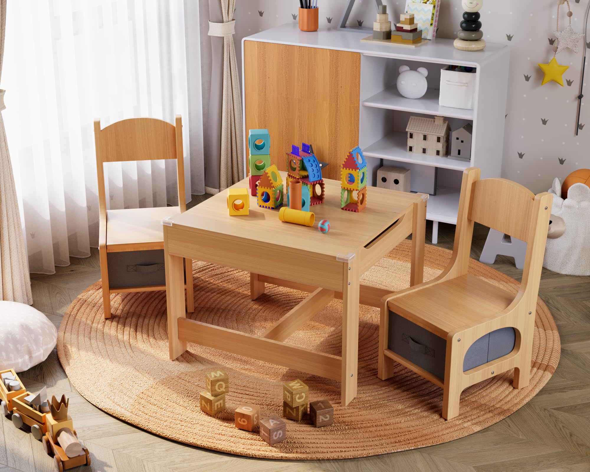 JUMMICO Kids Table and Chairs, Toddler Table with Storage Bins, Detachable Tabletop for Children Crafts, Drawing, Reading and Snack Time, Ideal for Home, Nursery, Playroom (Natural)