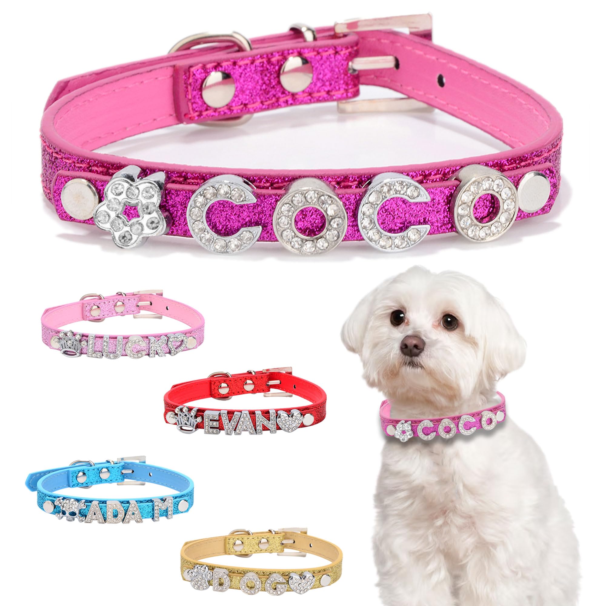 Personalised Dog Collars with Name Custom Bling Rhinestone Dog Puppy Cat Pet Name Collar Leather Dog Collar for Small Medium Large Dogs(Rose Pink, M)