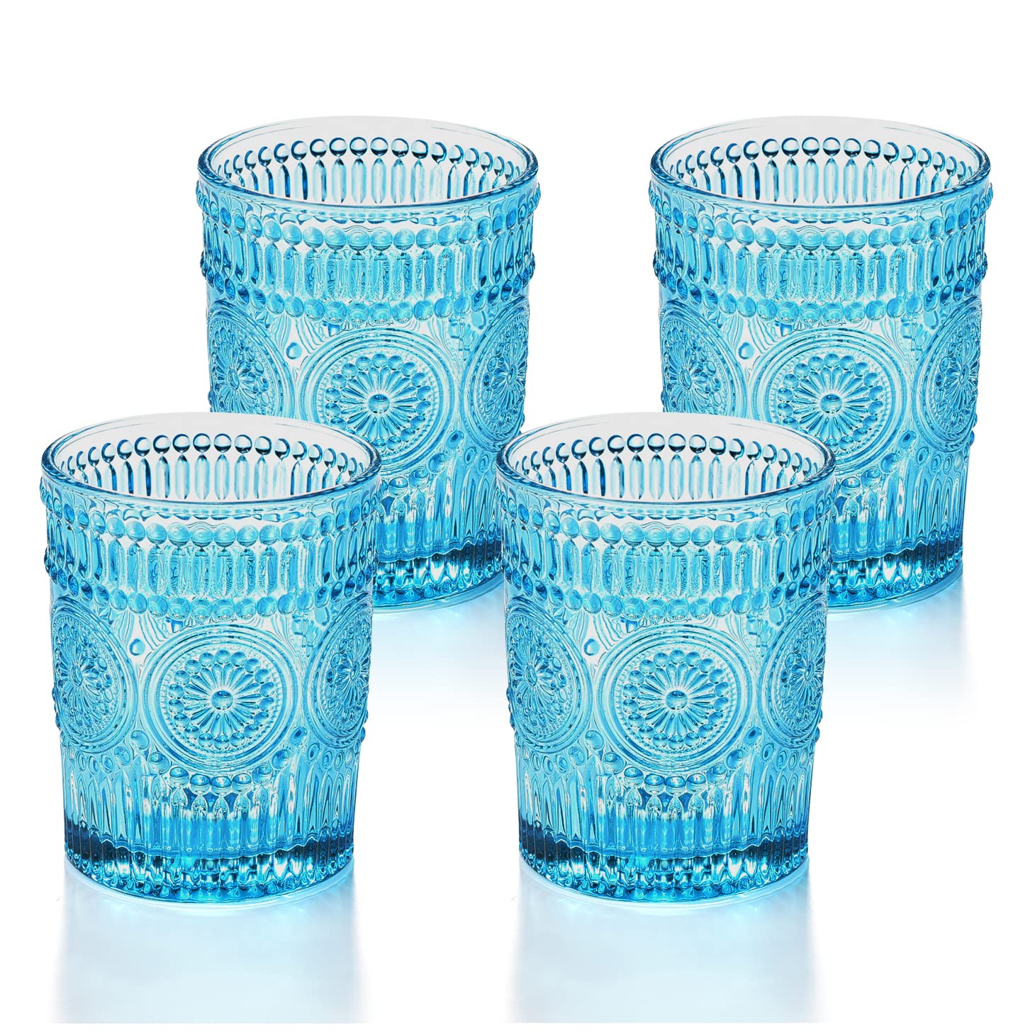 GLASS SMILE 4 Pack Romantic Water Glasses-10.5 OZ Blue Vintage Drinking Glasses Tumblers for Whisky, Beer, Juice, Beverages, Cocktail