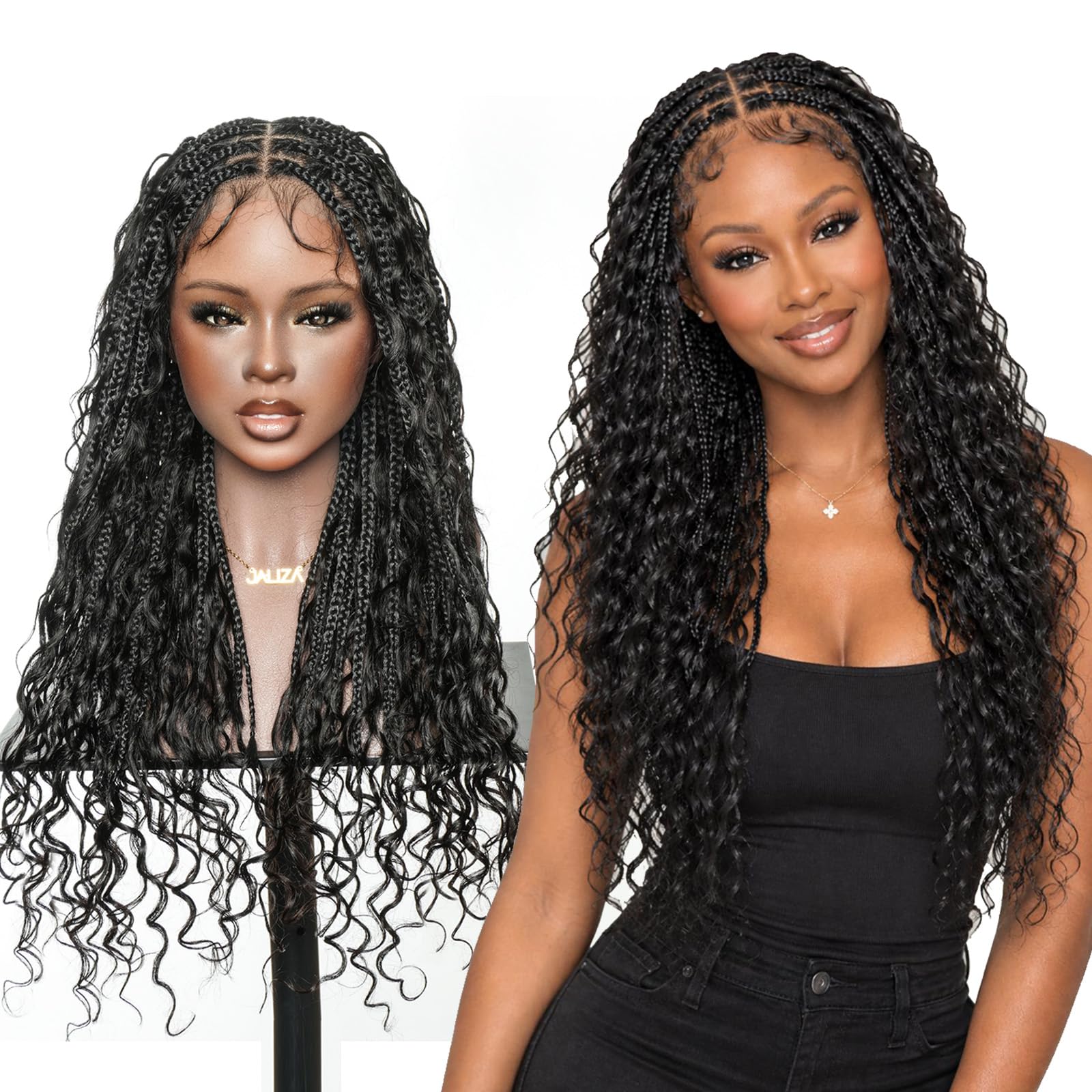 JALIZA Mila Full Lace Bohemia Braided Wig 24” Human Hair Boho Curls & Synthetic Braids, Knotless Hand-Tied, Invisible Drawstring, Natural Density, Fit Cap 21.5-