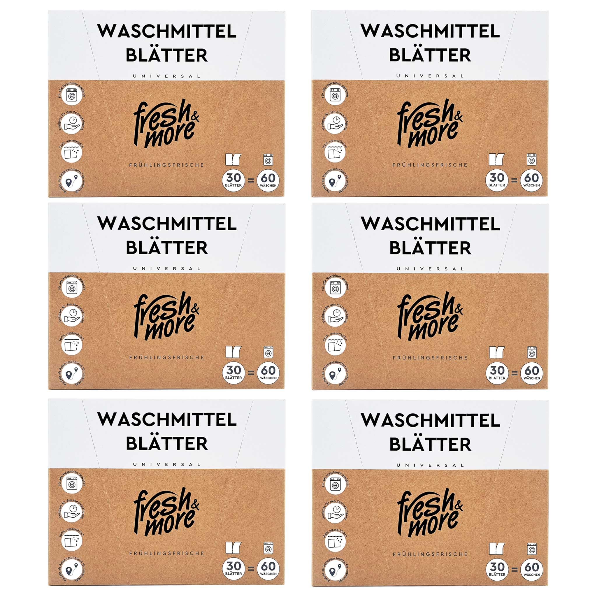 Fresh & More Waschmittel-Blätter 180 Blatt (6er Pack), Frühlingsfrische, Waschmaschinen Waschblätter bis zu 360 Waschgänge