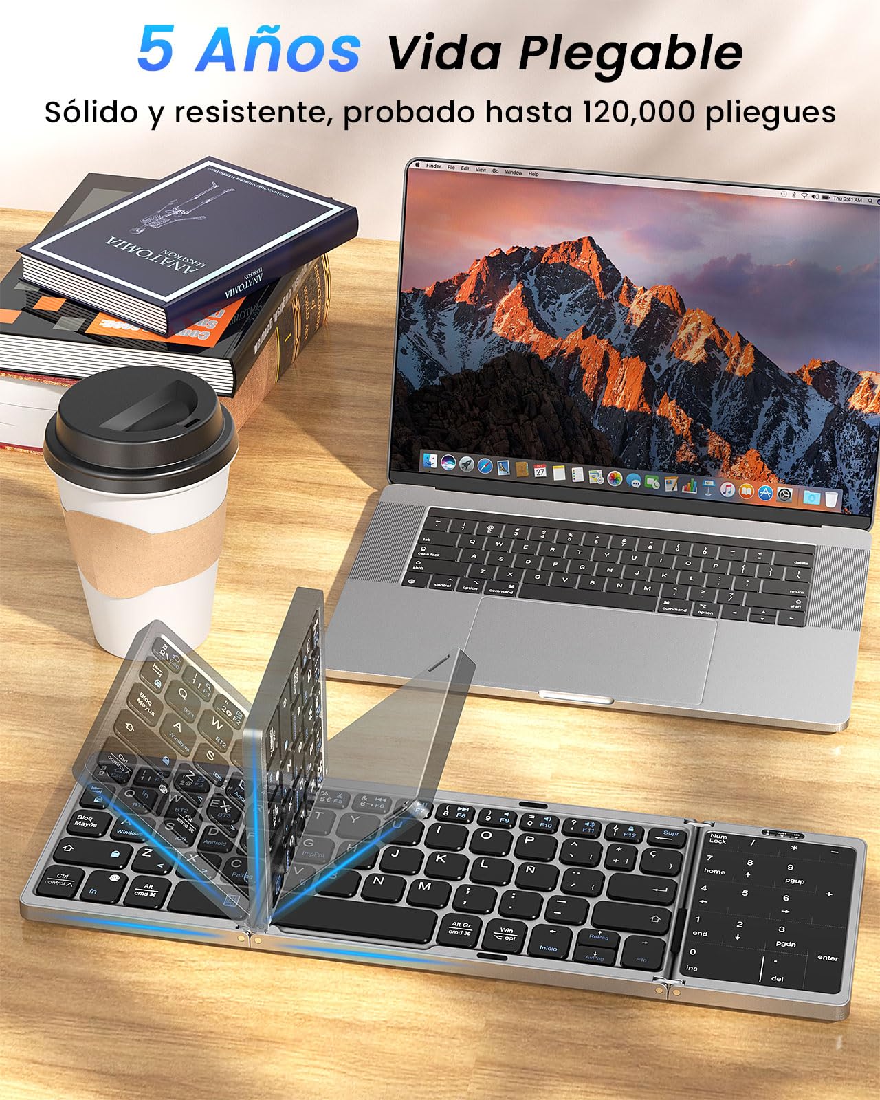 MoKo Teclado Plegable Español Ñ, Teclado Inalámbrico Bluetooth | Con Panel Táctil y Teclados Numérico, Teclados Portátil USB-C Recargable, para Windows iOS Android Tablet/Móvil/PC