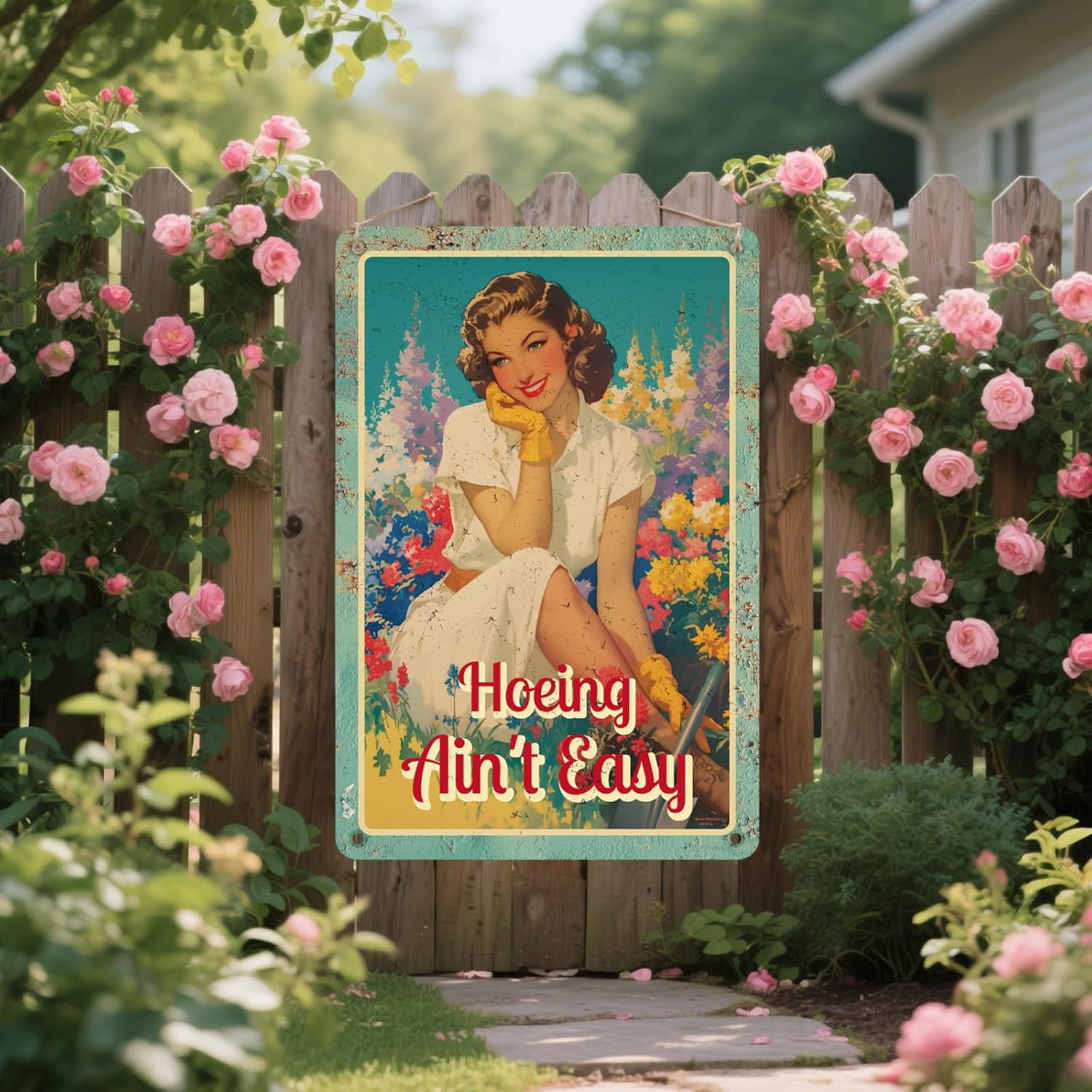 Vintage Metal Garden Sign, 12x8 Inch Rustic Metal Tin Sign Wall Plaque for Outside Patio Yard Art Decoration Funny Gardening Gifts for Women, Mom, Plant Lovers (Hoeing Ain't Easy)