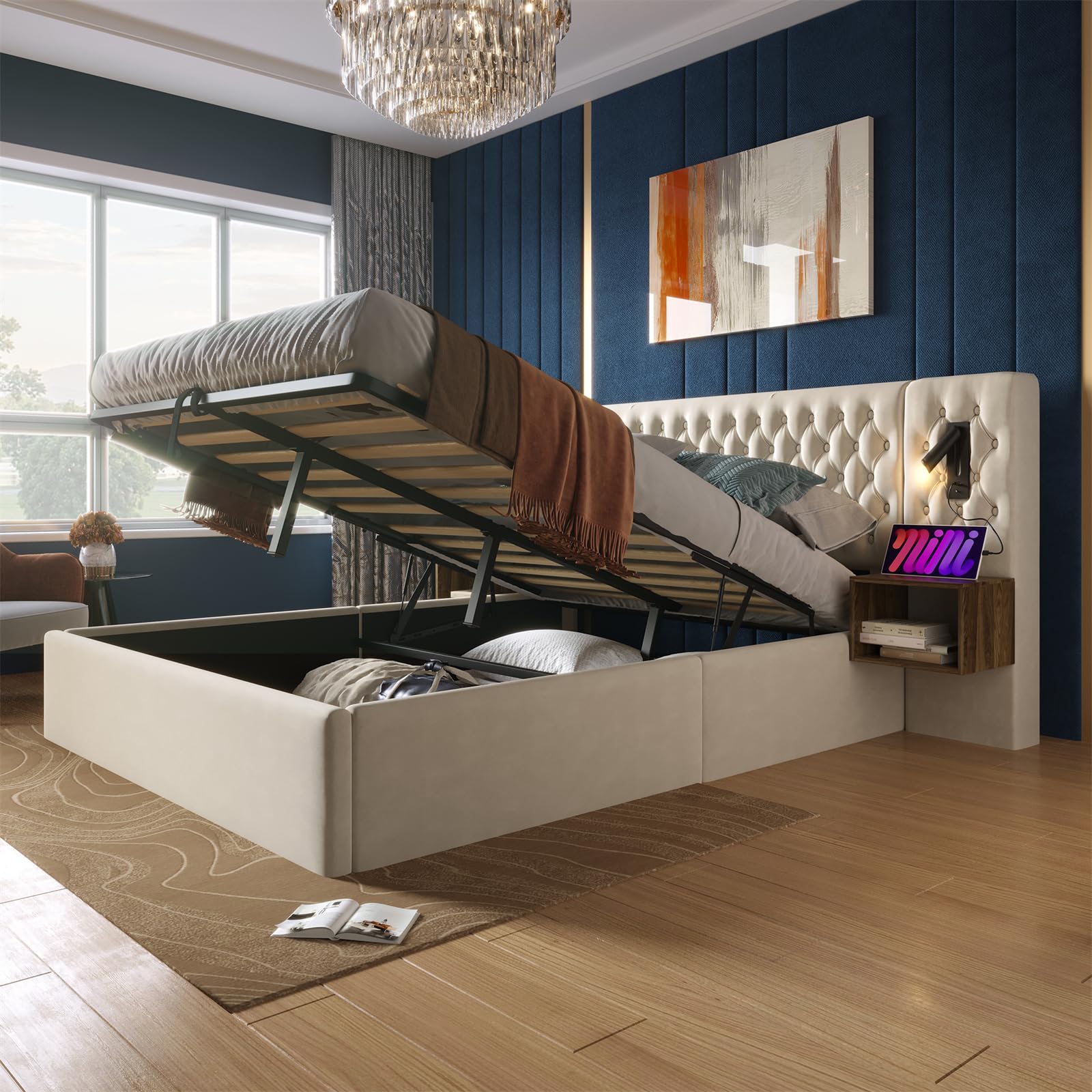 Ensemble Complet de Lit pour Chambre à Coucher, Lit Double, 160 x 200 cm, lit de Rangement hydraulique, avec 2 Tables de Chevet, Lampe de Lecture avec Fonction de Charge USB, Beige,(sans Matelas)