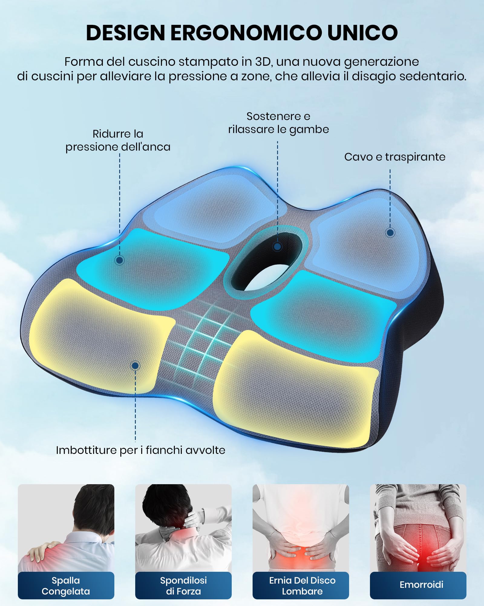 BALITTA Cuscino Ergonomico Sedia, Cuscino Sedia Ufficio, Cuscino Sedia Memory Foam per il Sollievo della lombalgia e Della Sciatica, Cuscino Coccige Ortopedico Cuscini Seduta per Auto