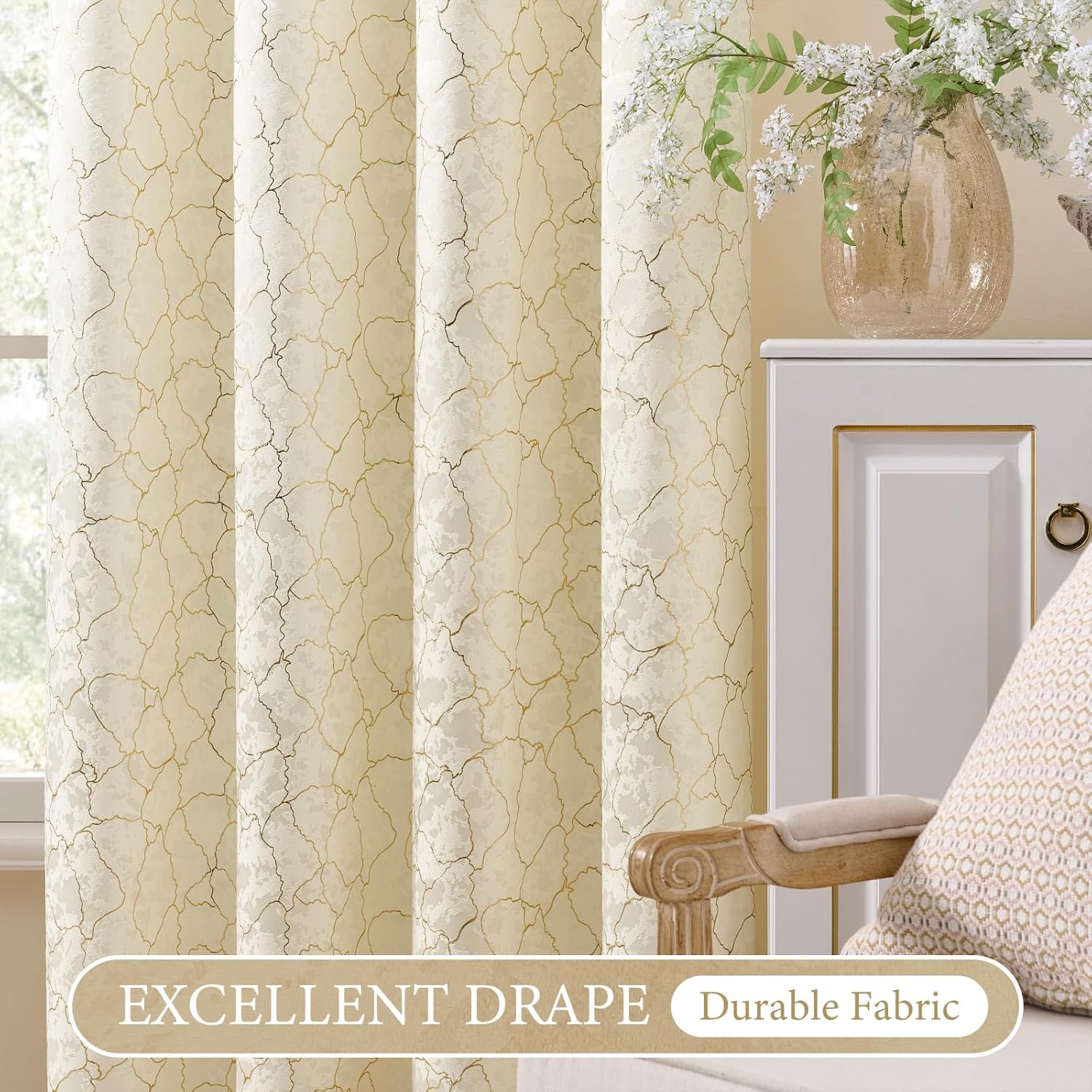 Ivory and Gold Curtains 63 Inch Length 2 Panels Cream Room Darkening Curtains Grommet Modern Art Golden Foil Decor Baroque Metallic Marble Look Textured Jacquard Window Drapes for Bedroom, 52x63