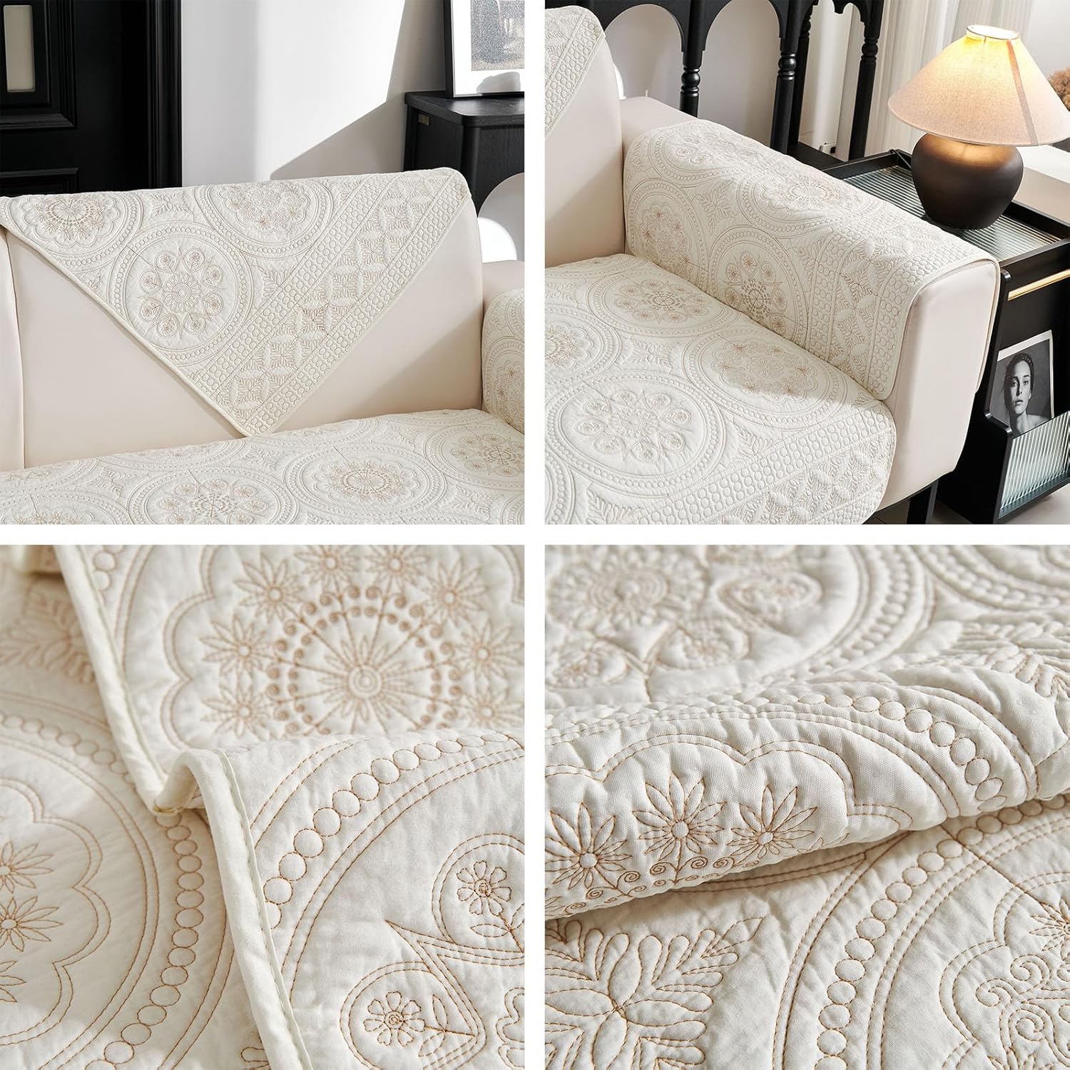 vctops Boho Geometric Embroidery Couch Cover Soft Cotton Quilted Anti Slip Sectional Couch Covers Washable Sofa Slipcover for Dogs, Children, Pets Furniture Protector (Cream,36"x36")