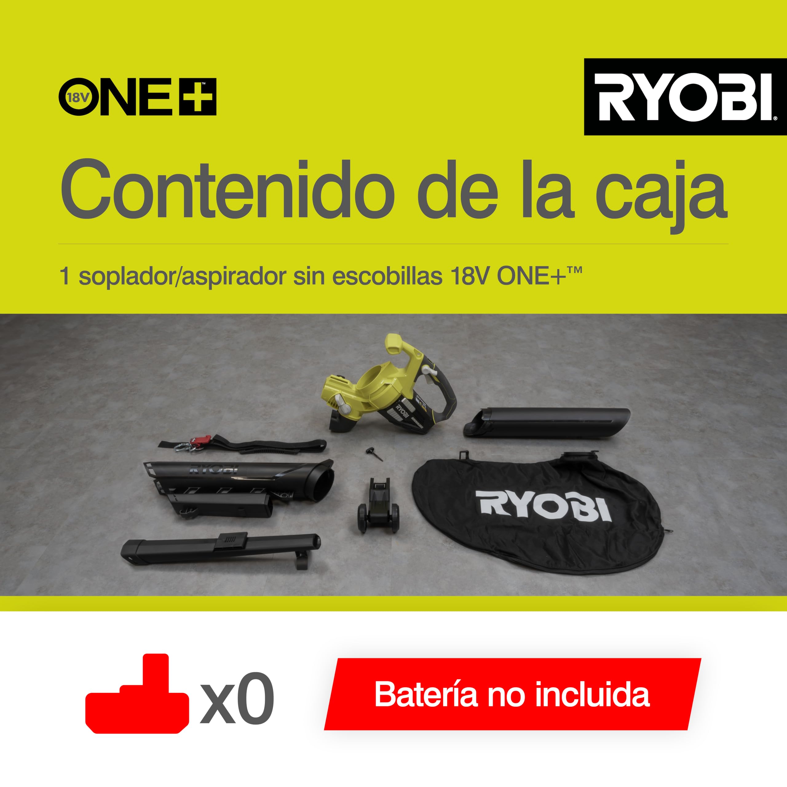RYOBI - Soplador/Aspirador/Triturador Eléctrico Sin Cable a Batería 18V One+ Brushless - Limpieza Hojas, Pasillos Exteriores, Terrazas, Céspedes y Pequeños Jardines - 1 Bolsa Impermeable 35L - OBV18