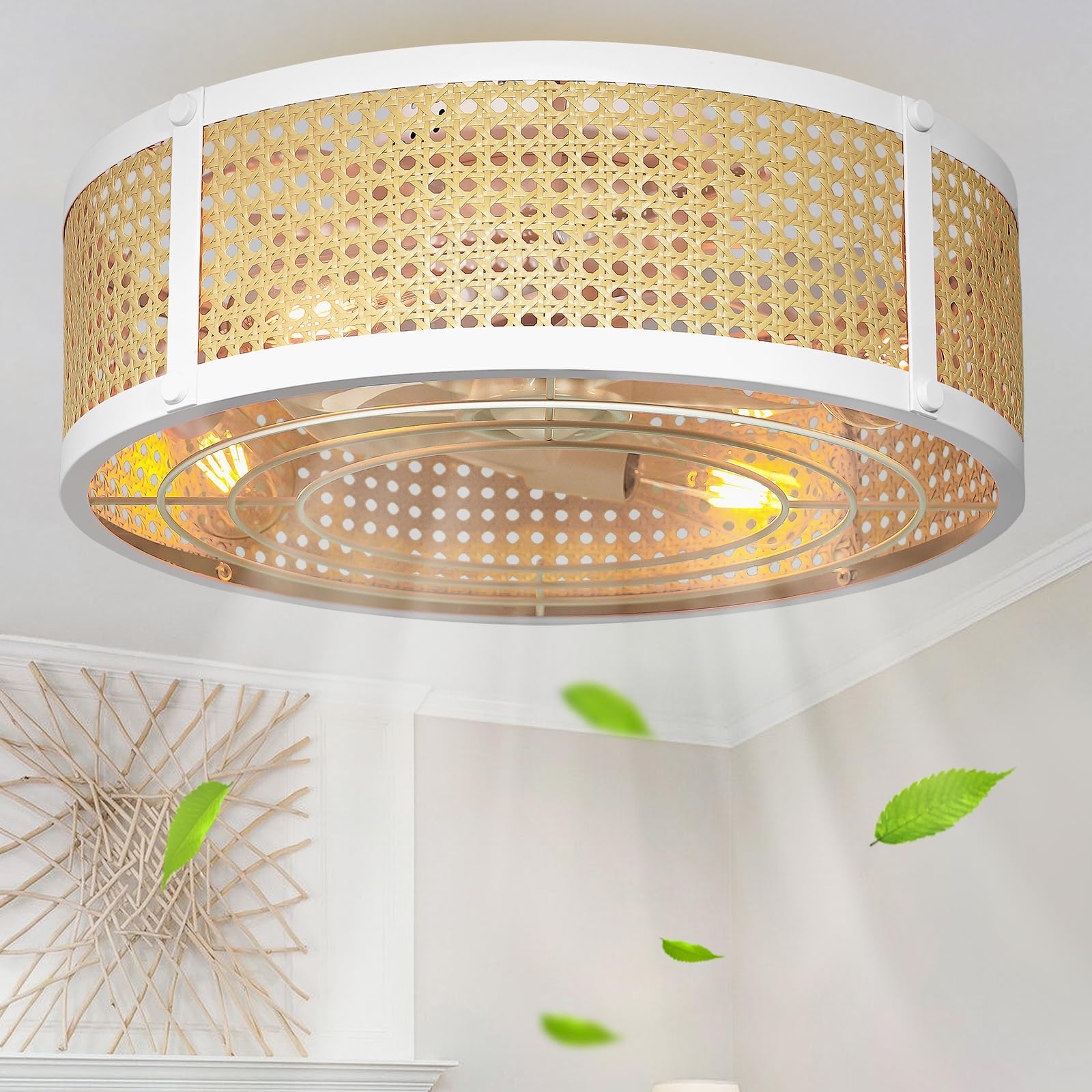 Coolbull Rattan Caged Ceiling Fans with Lights, 19'' Low Profile Boho Ceiling Fan with Remote, Small Flush Mount Bladeless Fandelier for Kitchen Bedroom, White