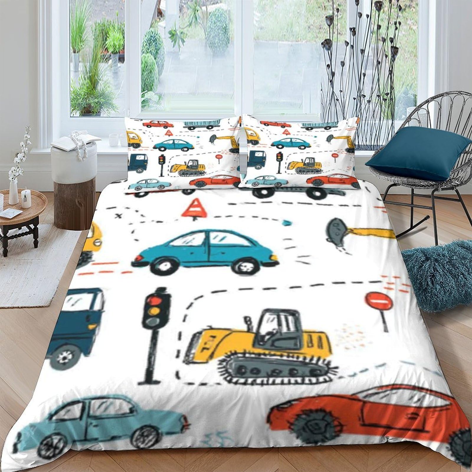 Ctjqhvkz Style-10 3D Printed Traffic City Fitted Sheet Microfiber Colorful Vehicles Bed Cover For Bedroom Dorm Easy Care Dust Resistant Single（135X200cm）