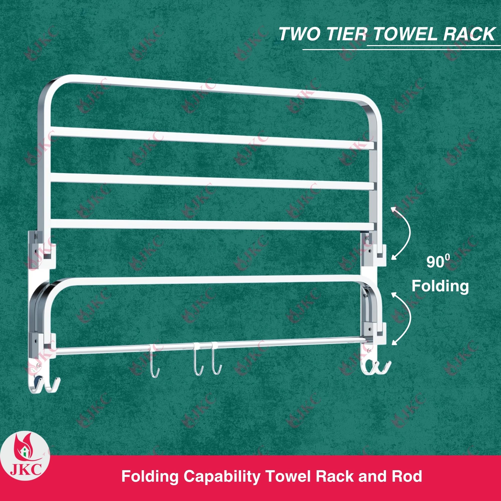 JKC SS Folding Towel Rack for Bathroom with Unique Foldable Rack Space Saving Design with Towel Rod and Cloth Hanging Hooks - Glossy 24 Inch 2
