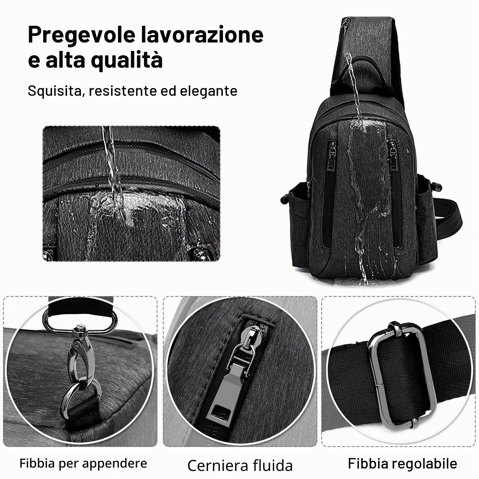 FANDARE Retrò Zaino Monospalla Marsupio Borse piccole a tracolla Sling Bag Business Borsa a Spalla per Uomo Donna Scuola Outdoor Ciclismo Viaggio Hiking Daypacks Impermeabile Nylon Nero