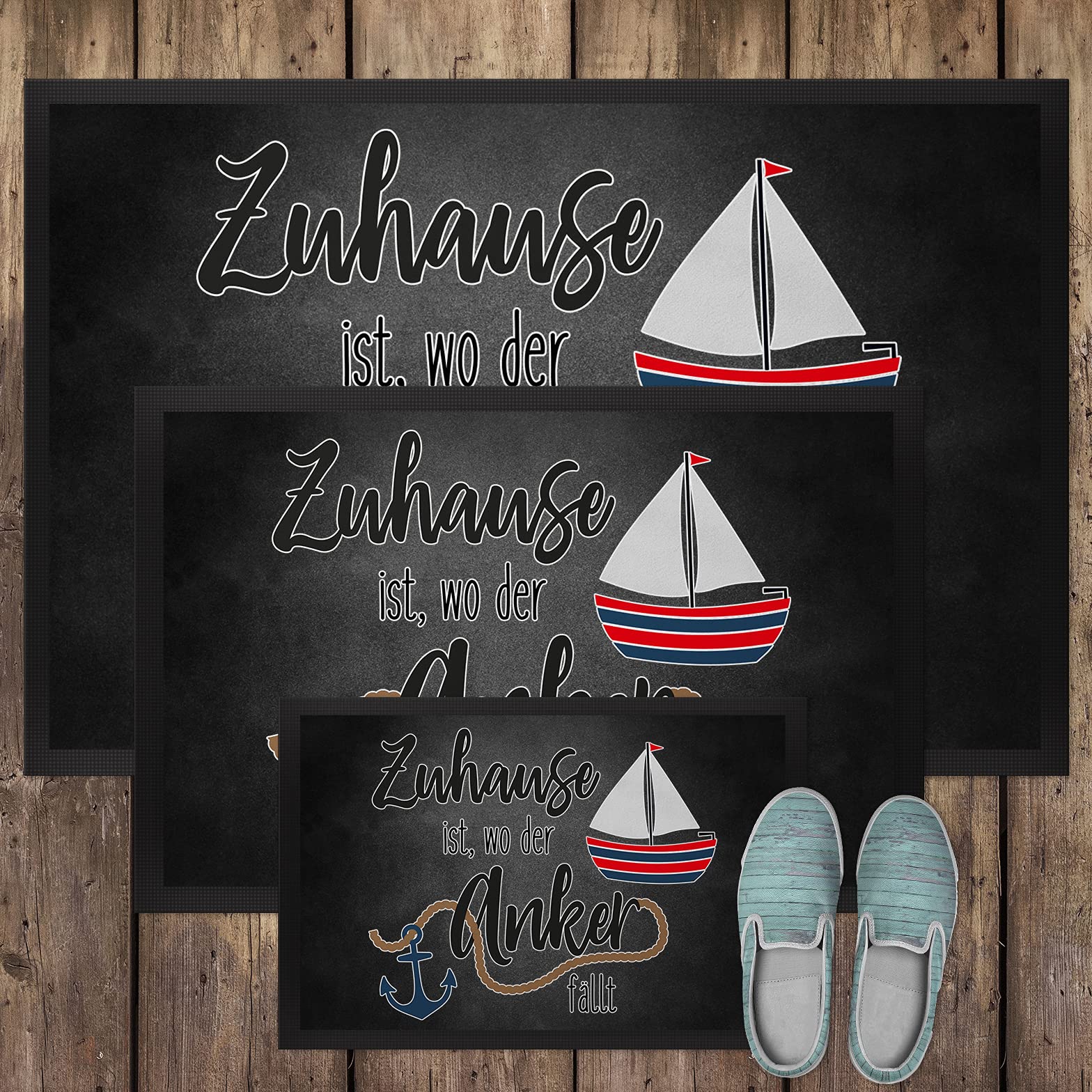 JUNIWORDS Fußmatte, Zuhause ist da, wo der Anker fällt, 90 x 60 cm, mit Gummirand