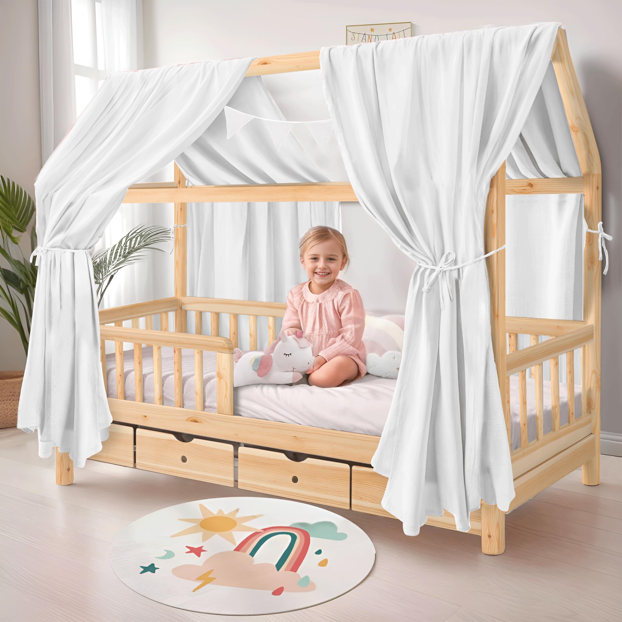 iLuane Hausbett Himmel aus 100% Baumwolle Musselin – Stoffhimmel Deko mit Schleifen – Betthimmel für Hausbett – Vorhang aus Musselin Stoff – Himmel Dekoration in 6 Farben & 4 Größen