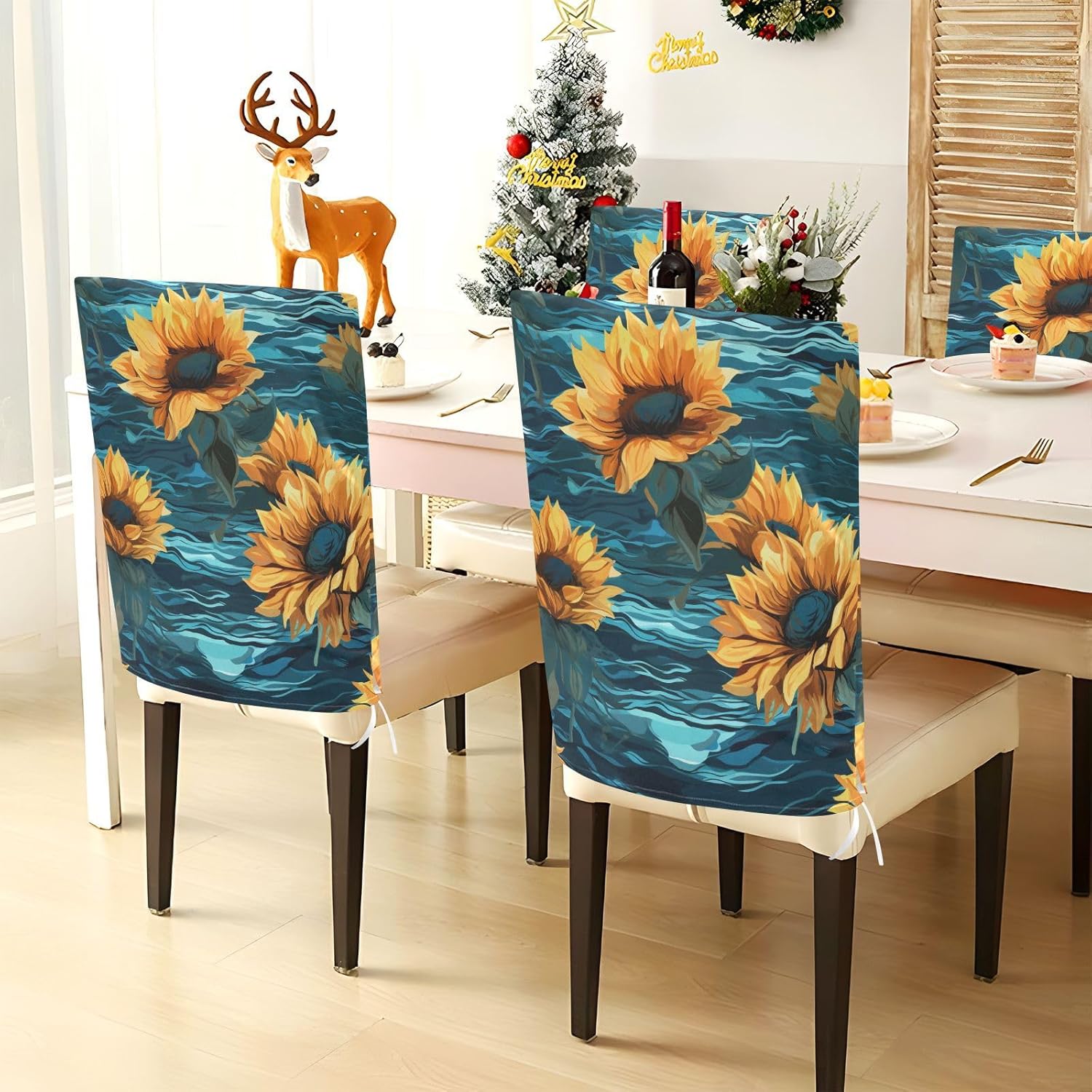 ALAZA Sunflower Flowers Ocean Waves Chair Back Cover Set of 6, Washable Reusable Removable Chair Slipcovers Decorative Chair Cover for Home Kitchen Wedding Party
