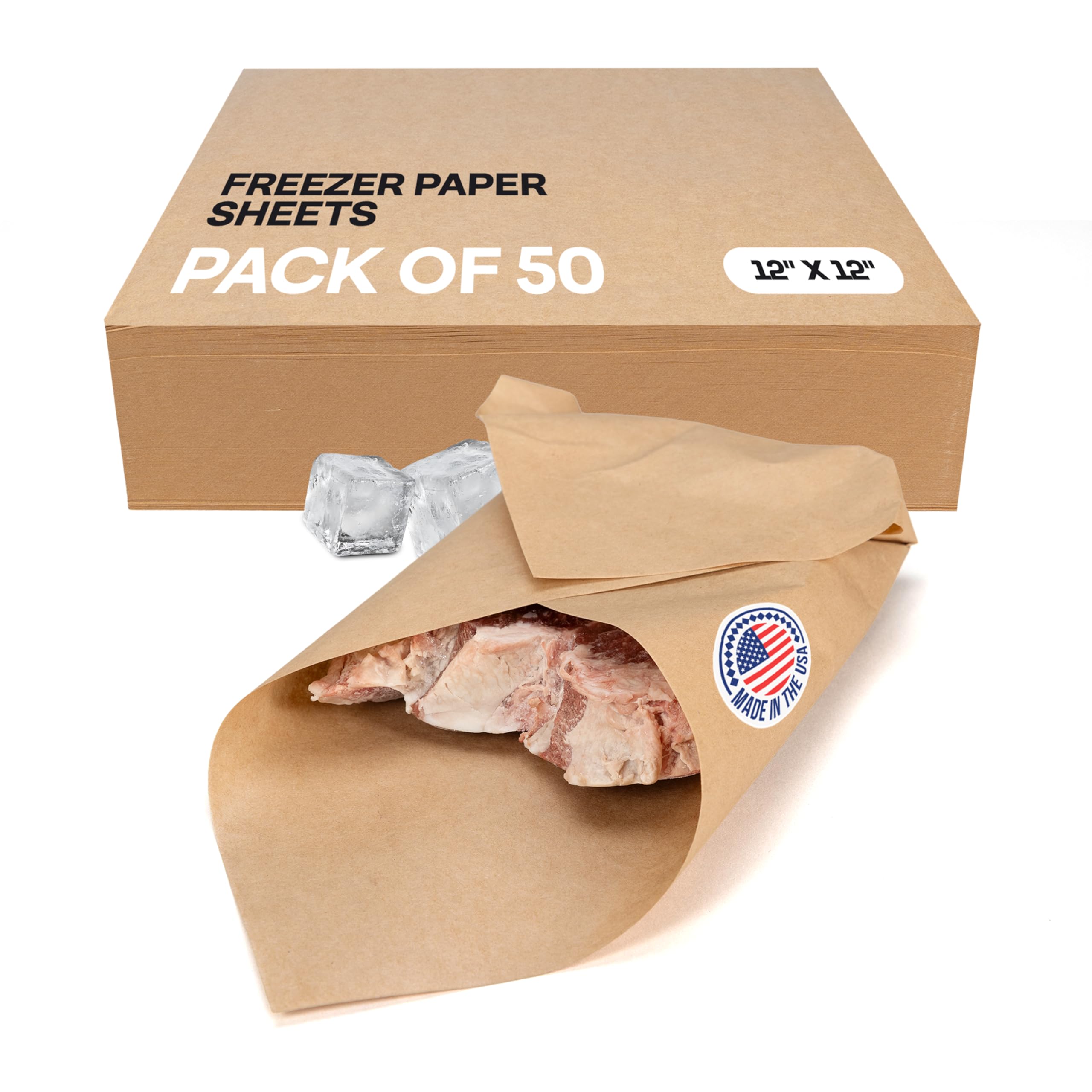 Brown Freezer Paper Sheets 12" x 12", Pack of 50 - USA-Made Paper Sheets for Long-Term Freezing of Meat & Fish - Freezer Pads for Quilting - Bakery Tissue Wraps for Food Storage by IDL Packaging