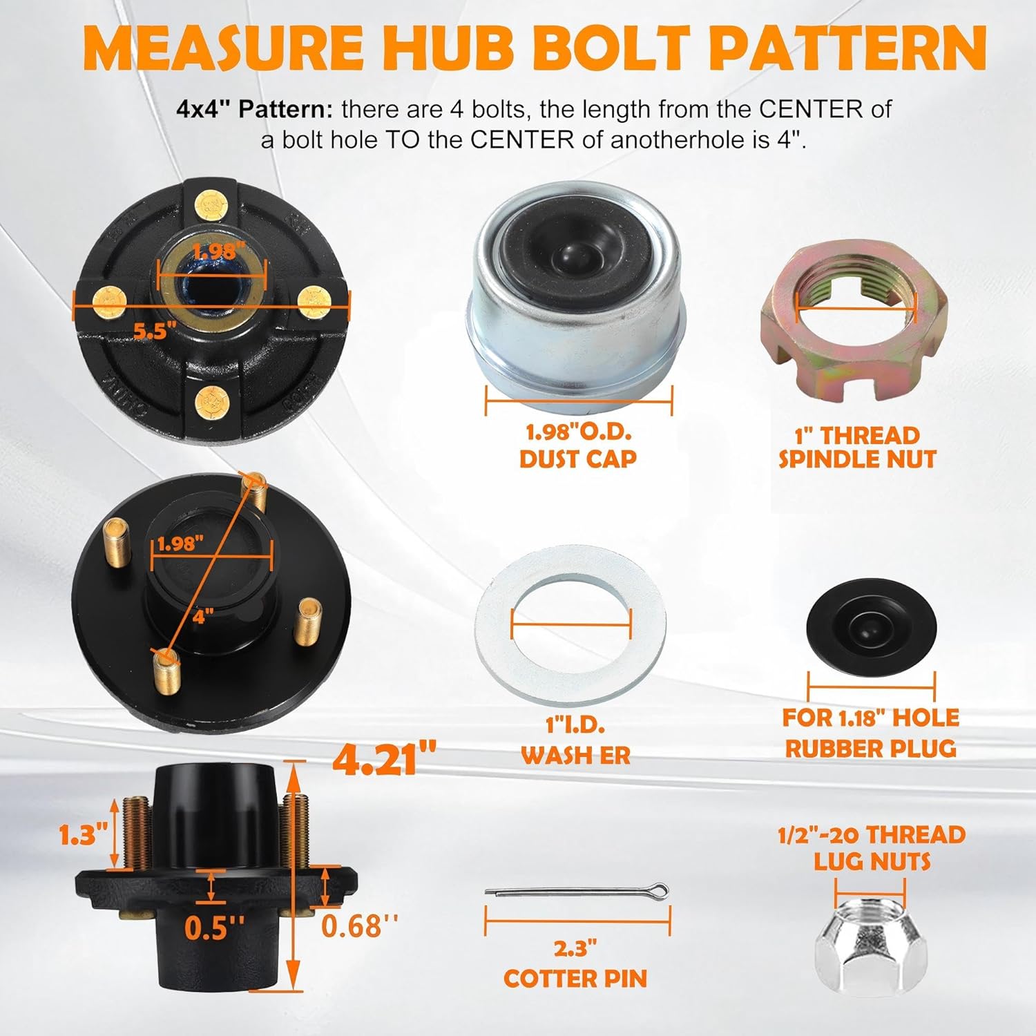 2 Set 2000 lbs Trailer Axle Spindle Kit Round BT8 Spindlewith4-Lug 4" Hub, Trailer Axle Kit for 2000 lb 4Lug TrailerHub Fits 1" Spindle, Fits Boat, Utility & Cargo Trailers