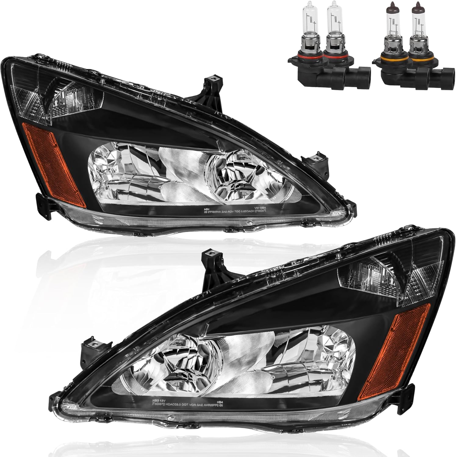 Headlights Assembly Replacement Compatible with 2003-2007 Honda Accord Halogen with Clear Lens Black Housing Amber Reflector Front Lamps Driver and Passenger Side (Set of 2)