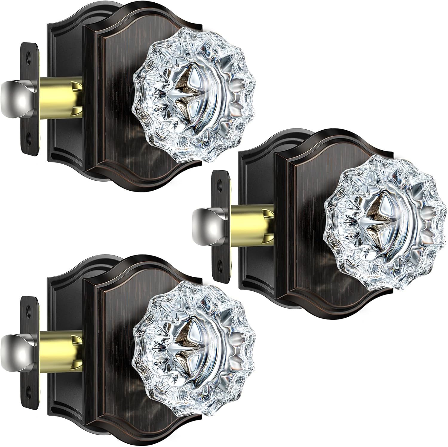 3 Pack Crystal Door Knobs - Vintage Glass Crystal Door Knob Set for Hall and Closet, Oil Rubbed Bronze Finish