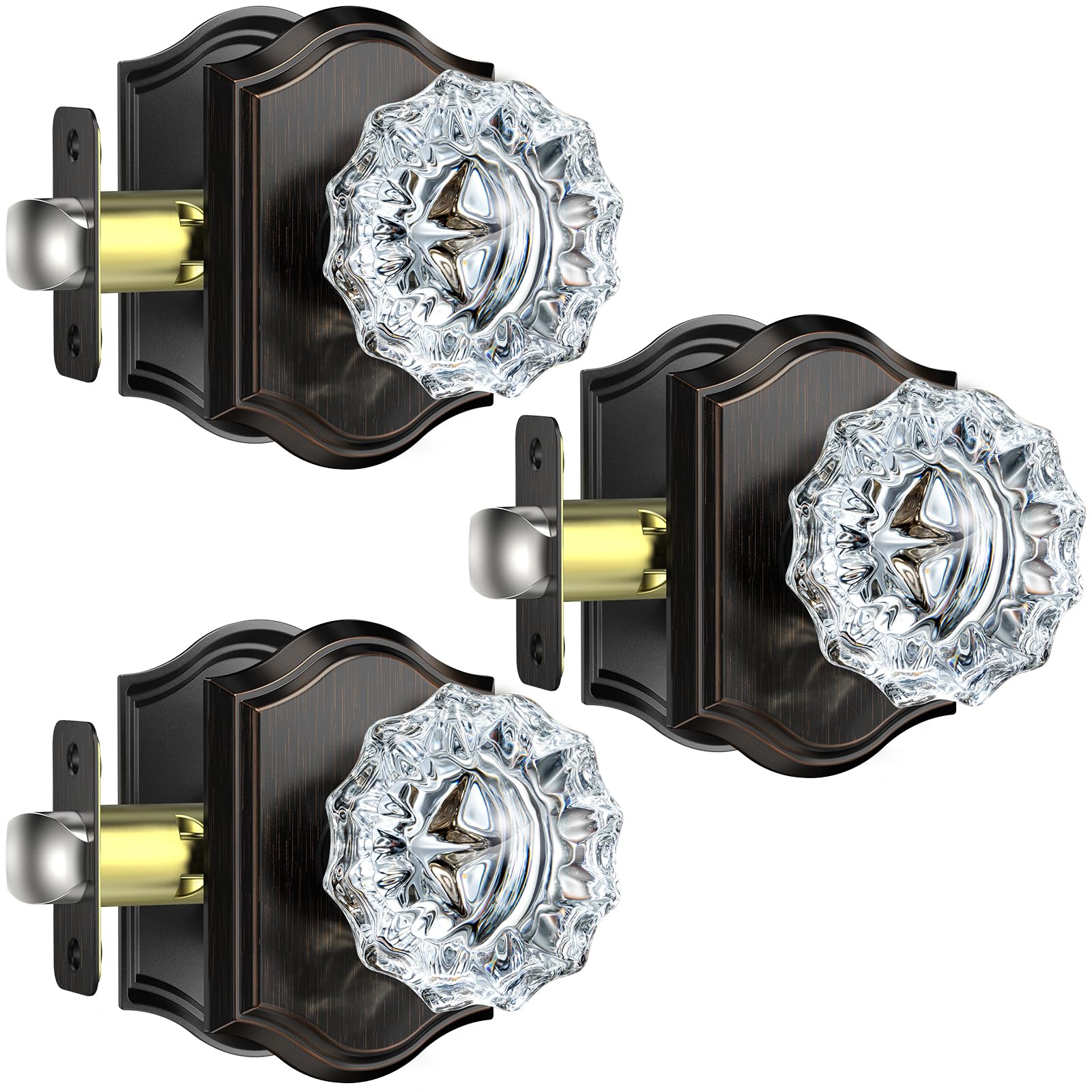 Calzibeno 3 Pack Crystal Door Knobs, Passage Glass Crystal Knobs for Hall and Closet, Oil Rubbed Bronze, Vintage Style Set