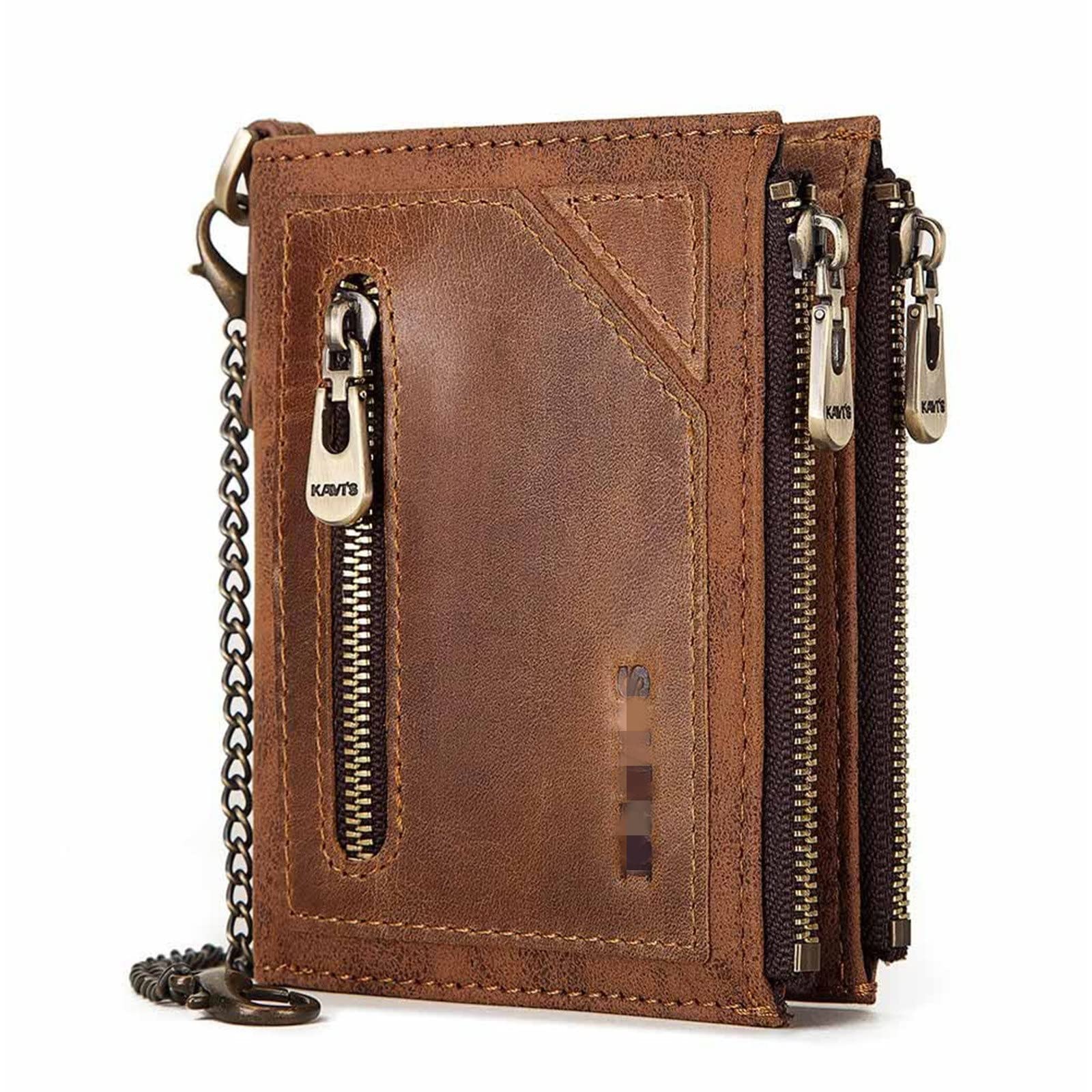 Cartera Cadena Piel Cartera for Hombre de Cuero con Cepillo antirrobo Cremallera para Hombres(marrón)