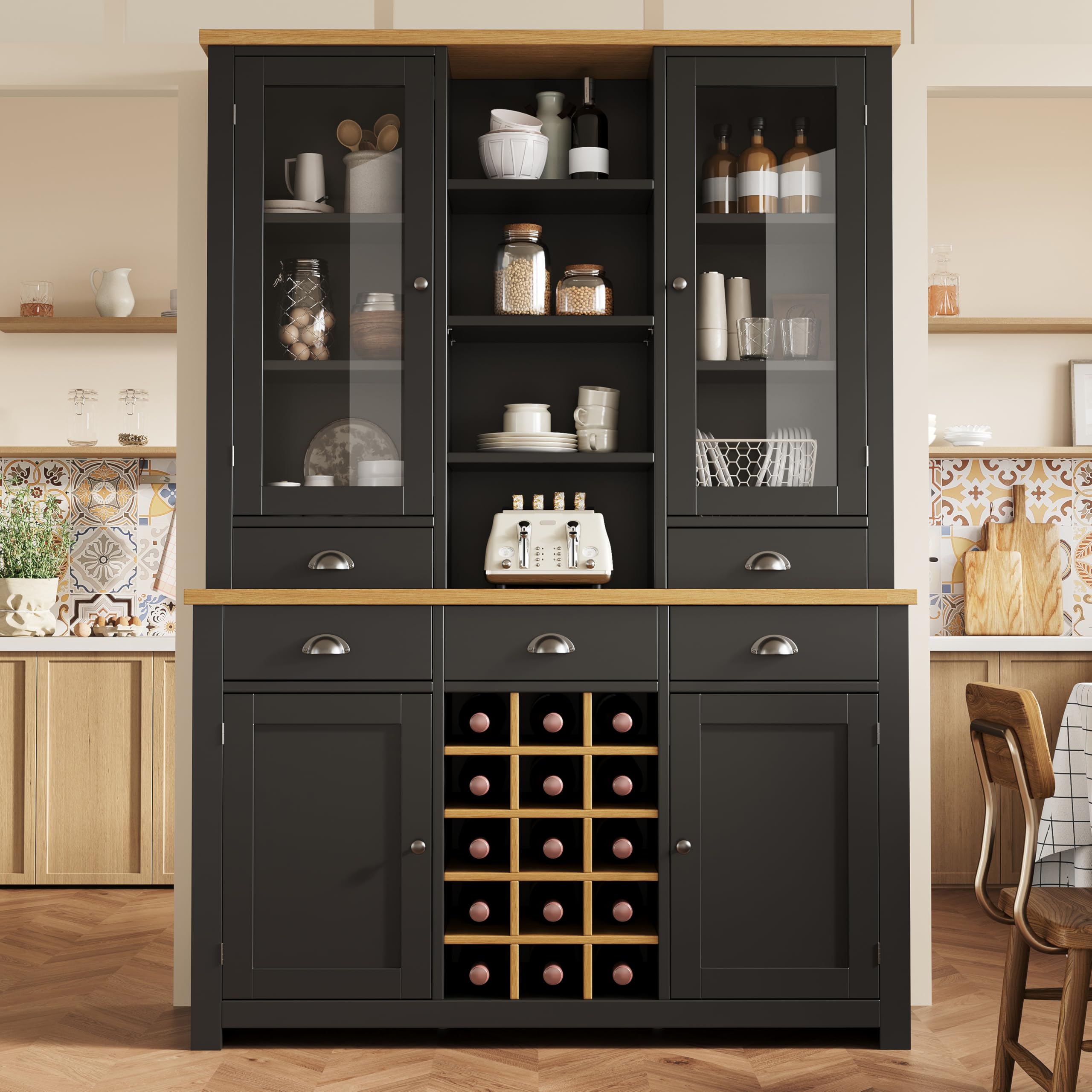 Küchenschrank mit Arbeitsplatte, Buffetschrank mit Herausnehmbares Weinregal, Küchenhochschrank mit Kippschutz, Soft-Close-Funktion, Mehrzweck-Hochschrank für Küche und Wohnzimmer, Schwarz