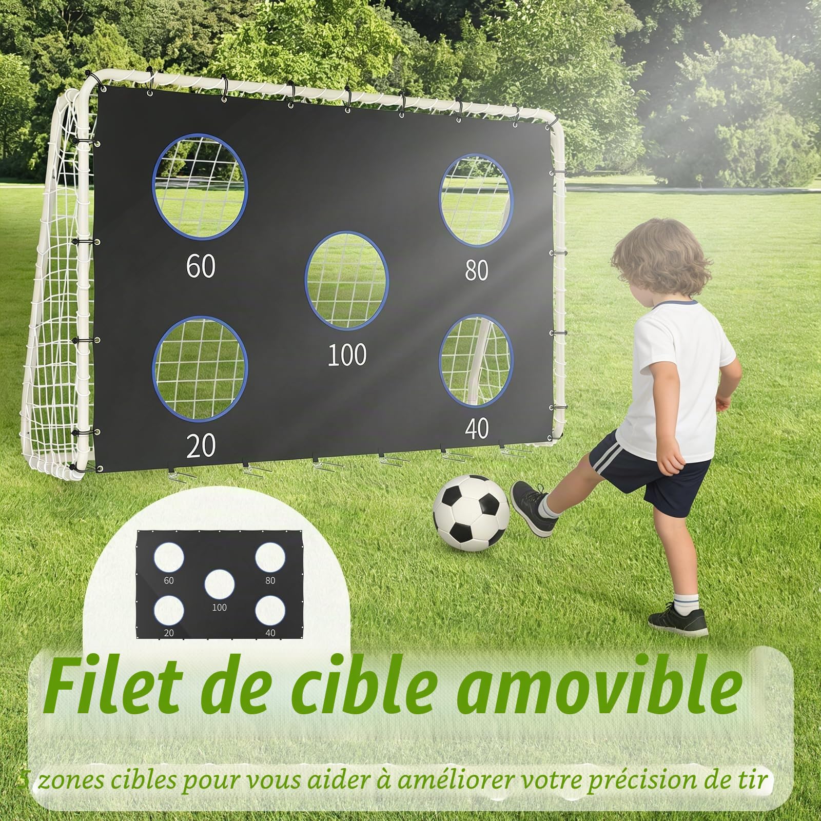 But de football 240 cm x 170 cm avec mur de tir, filet et piquets pour enfant