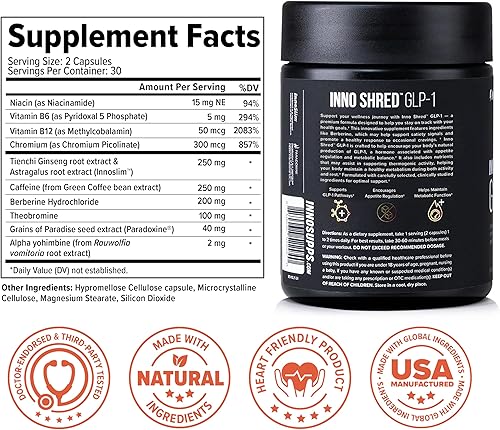 Miniatura 4 de Inno Supps Inno Shred GLP-1  Soporte Termogénico + Apoyo del Apetito + Energía*  Berberina + Cromo  60 Cápsulas. 30 porciones.