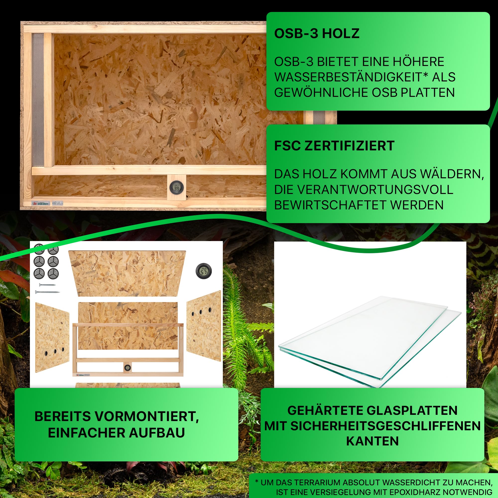 ITA Holz Terrarium 100x60x60 cm mit Frontbelüftung & Integriertem Hygrometer - Holzterrarium aus OSB-3 Platten - Terrarien für Reptilien, Schlangen, Amphibien - EU Produkt, FSC Zertifiziert