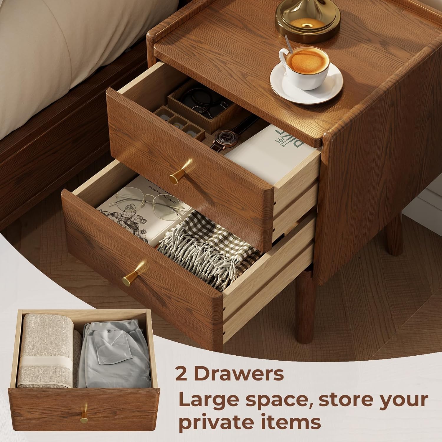 Walnut Nightstand, Solid Wood Nightstand, Modern Night Stand with Drawers, Wood Night Stand, End Table with Storage, Small Bedside Tables for Small Spaces, Walnut Bedside Table (23.6" H)