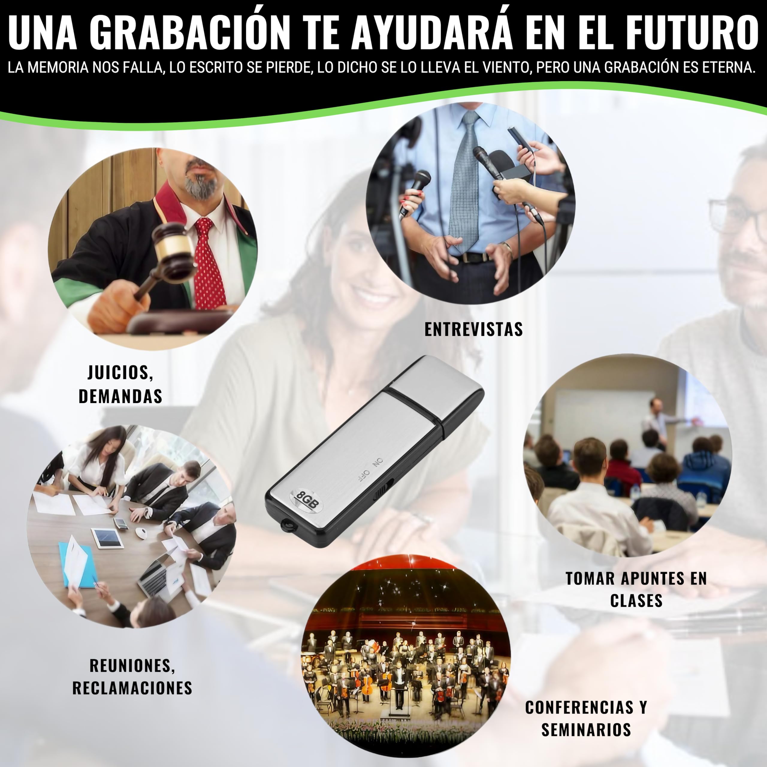 Grabadora de Voz Digital USB, Mini Grabadora de Voz Espia de 8 GB, Grabadora de Voz Pequeña Espía USB para Reuniones, Entrevistas, Conferencias, Clases, con Memoria para Varias Horas de Grabación N3