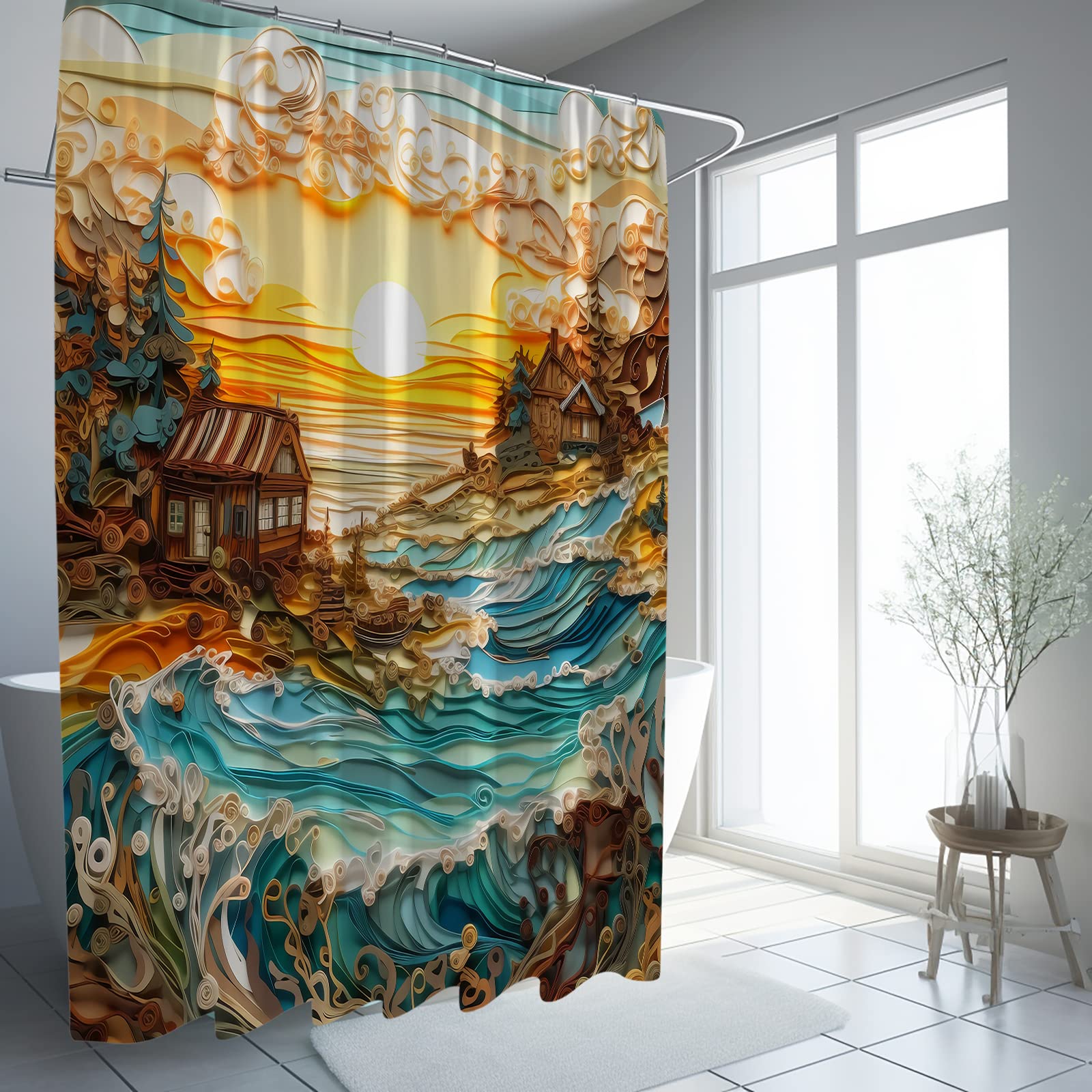 Rideau de douche en tissu décoratif FANGER lavable avec 12 crochets
