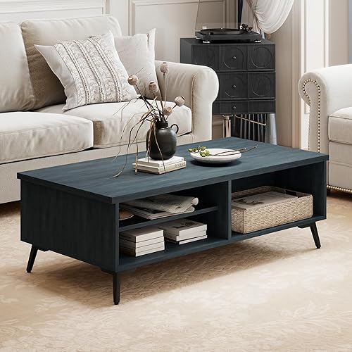Giantex Mid Century Modern Coffee Table, 2-Tier Wood Rectangular Center Table with Storage Shelves, Compartments & Metal Legs, Vintage Living Room Tables for Reception (Charcoal Blue)